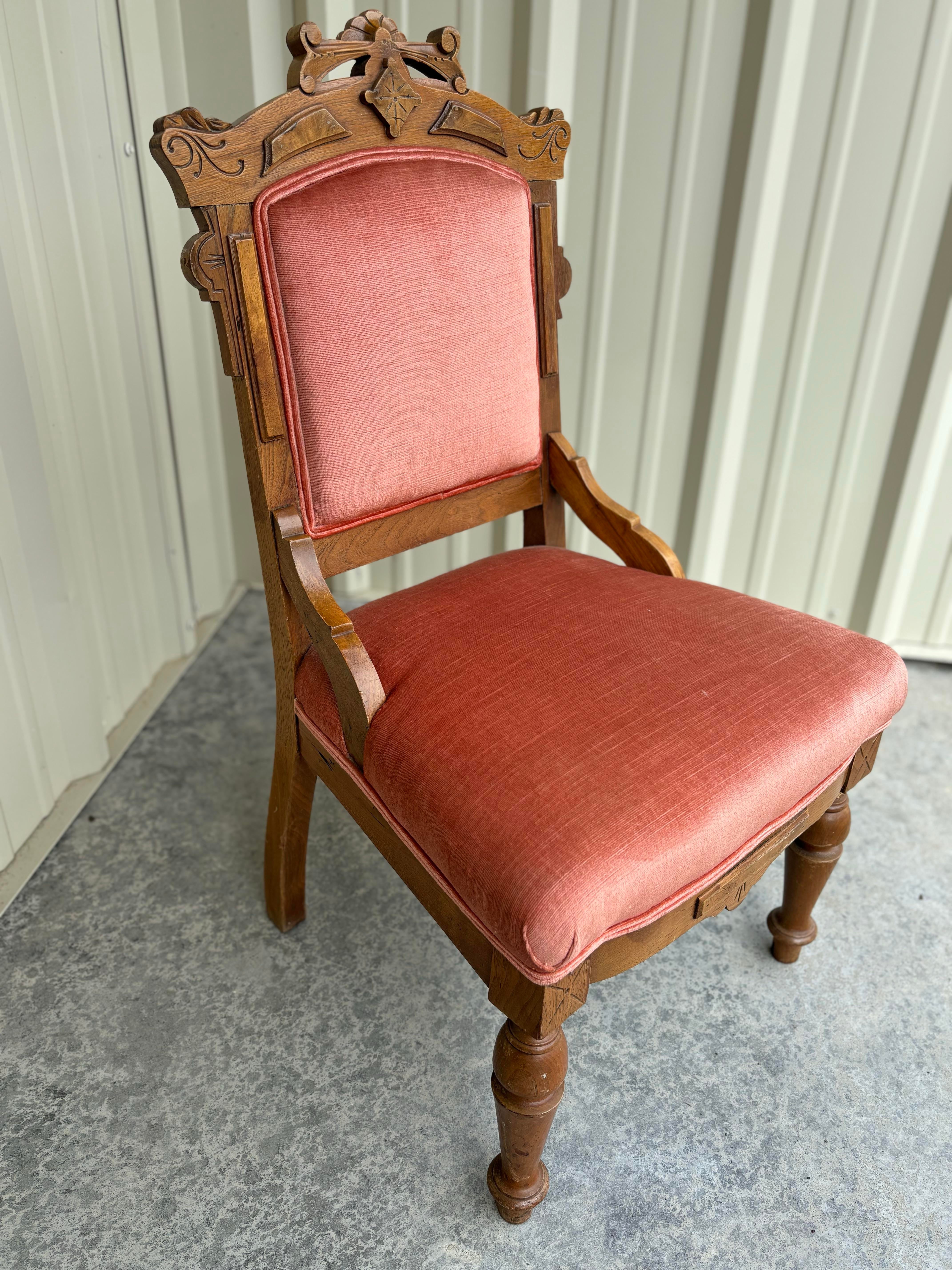1920s Antique Victorian Eastlake Carved Mahogany Chair With Salmon