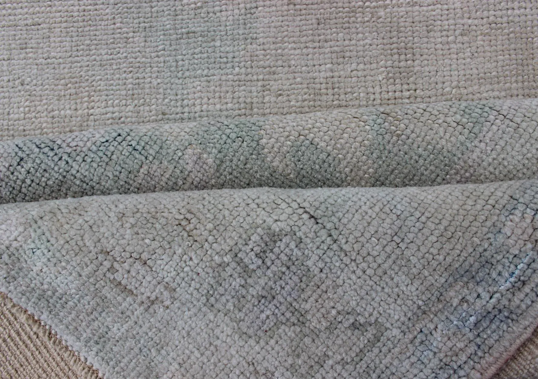 Vintage Hand Knotted Turkish Oushak Runner in Faded Green and Blue in Neutral Background