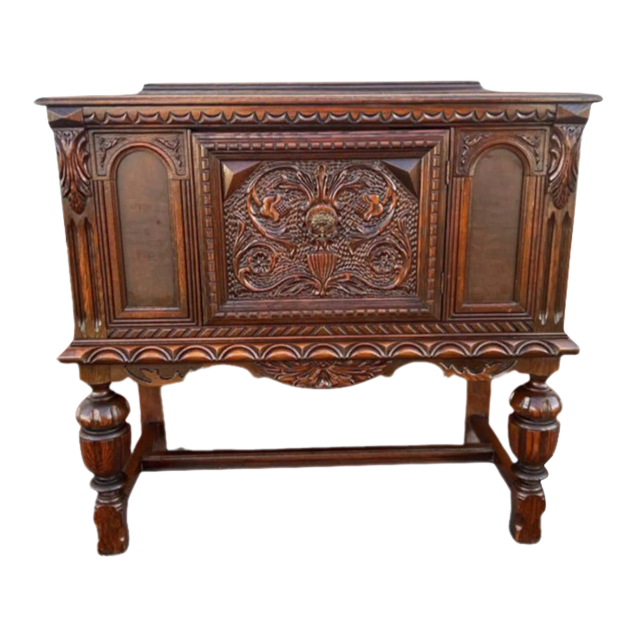 Early 20th Century Antique Barque Renaissance Style Oak- Walnut Side Cabinet