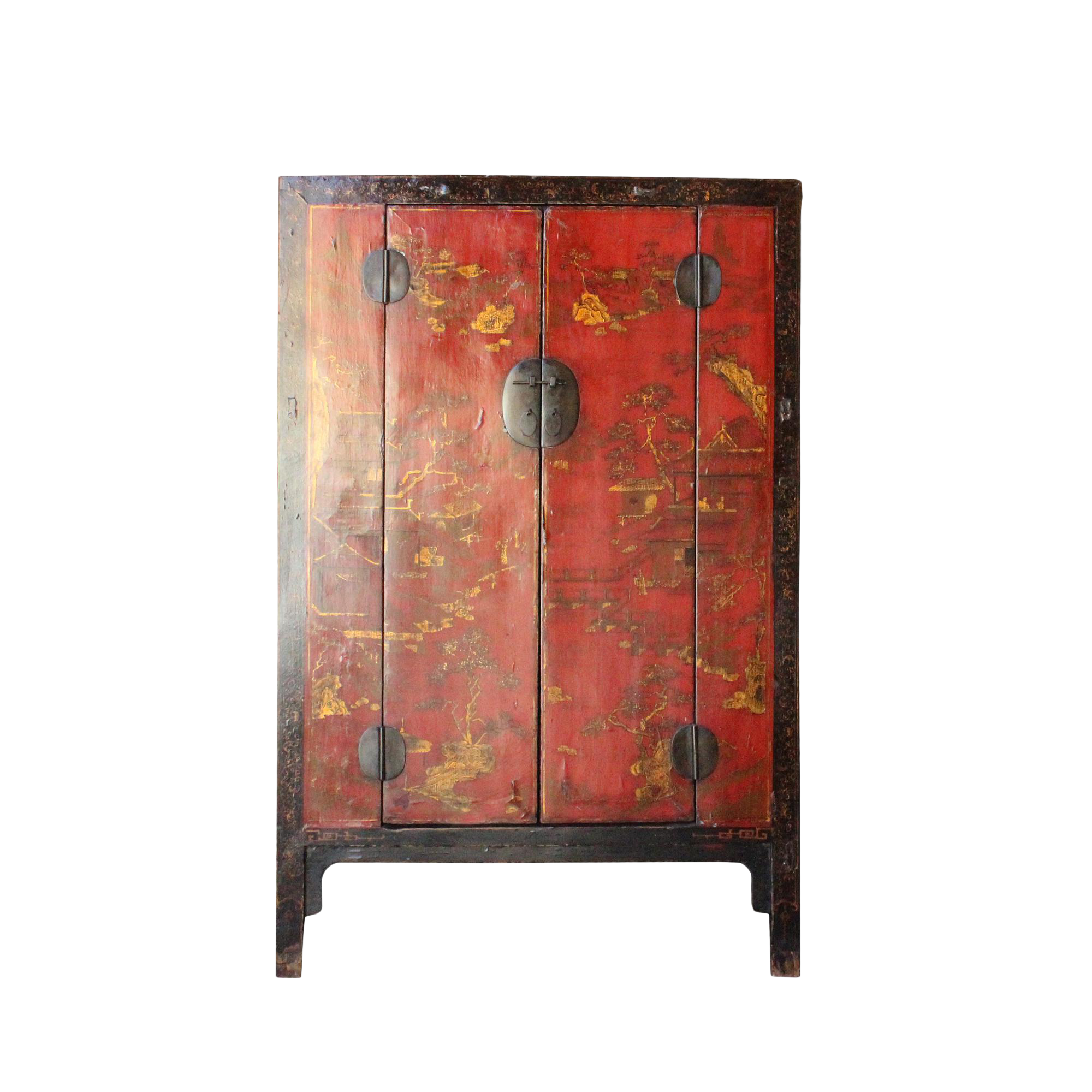 Chinese Vintage Red Golden Scenery Armories Storage Cabinet Chairish