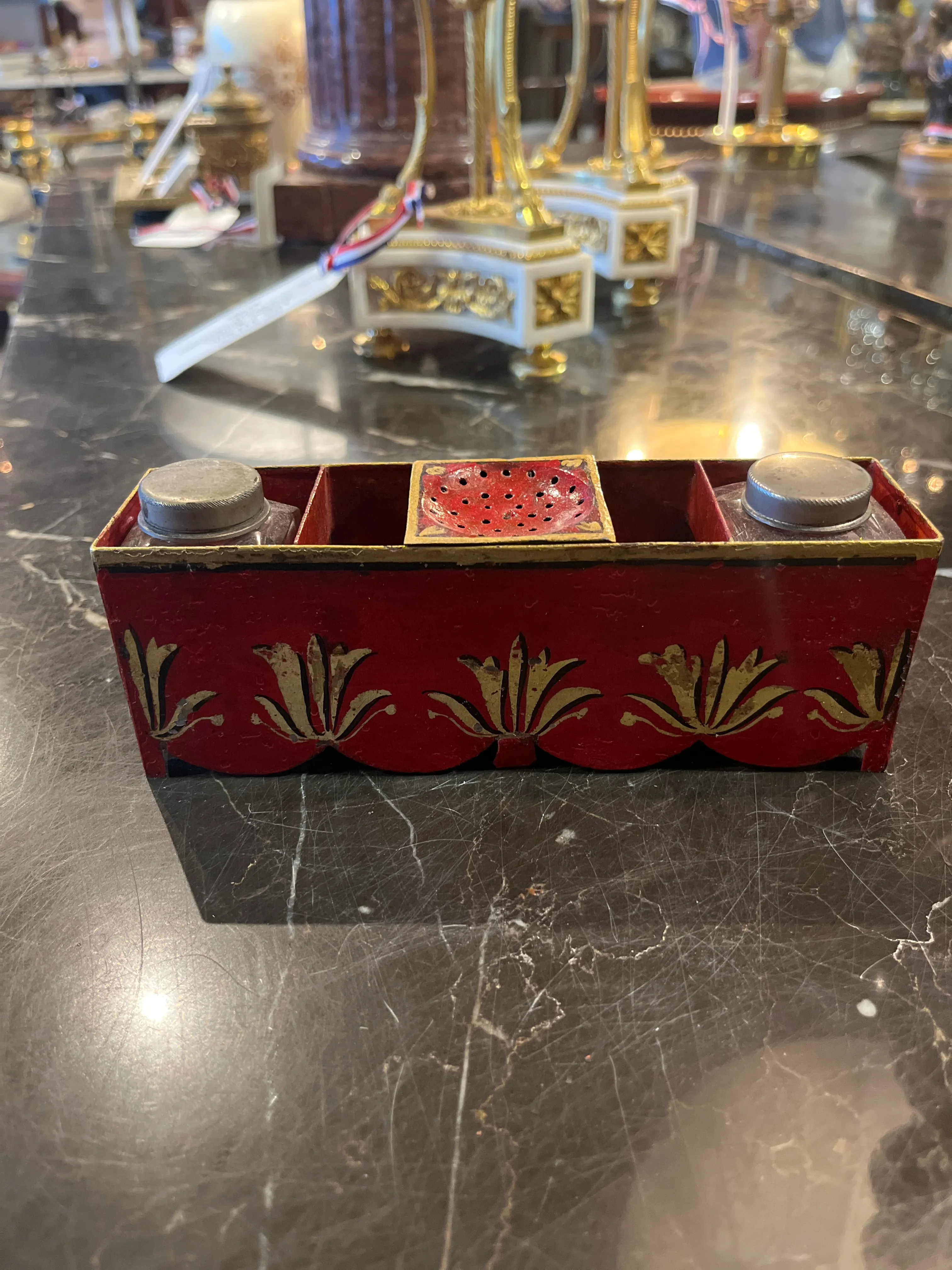 18th Century French Red Tole Painted Ink Stand