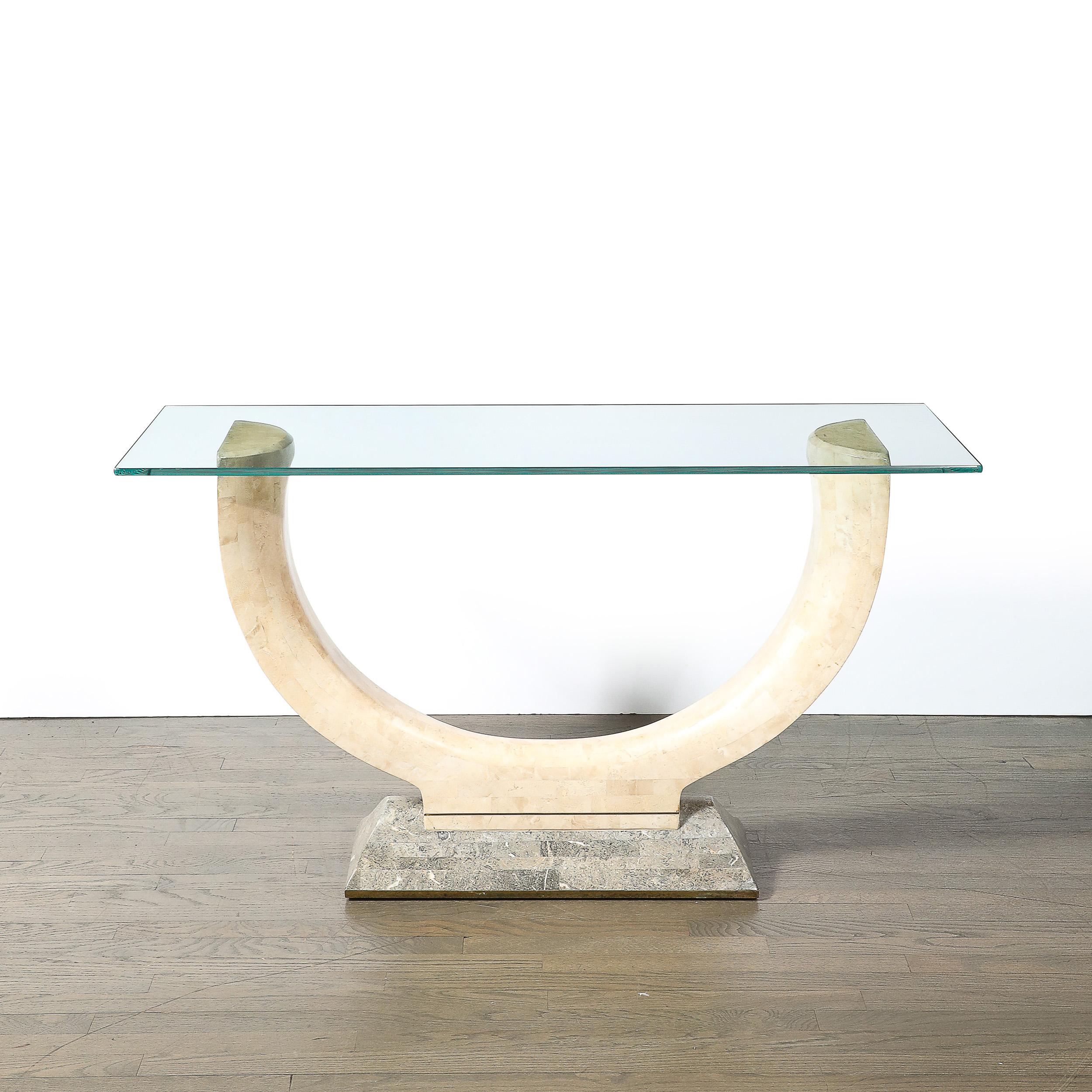 Mid-Century Tessellated Stone Console Table W/ Brass Inlays by Maitland Smith