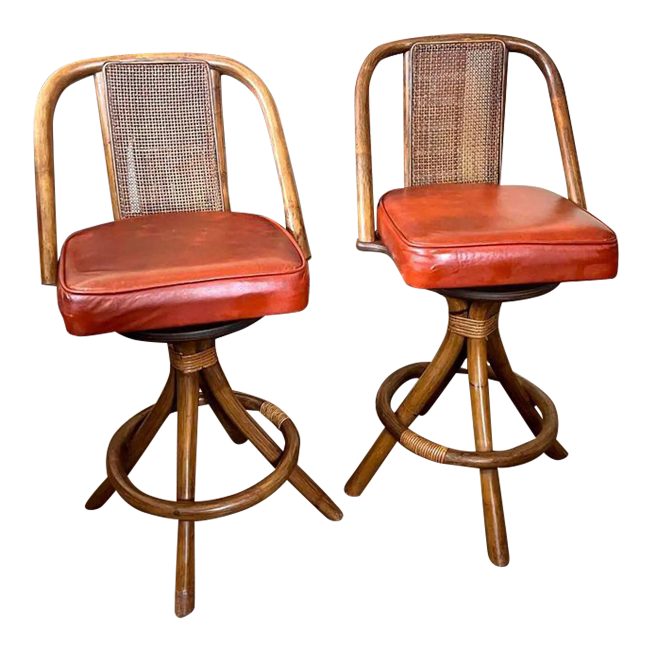 Mid 20th Century Mid Century Bent Wood and Cane Counter Stools Set of 2