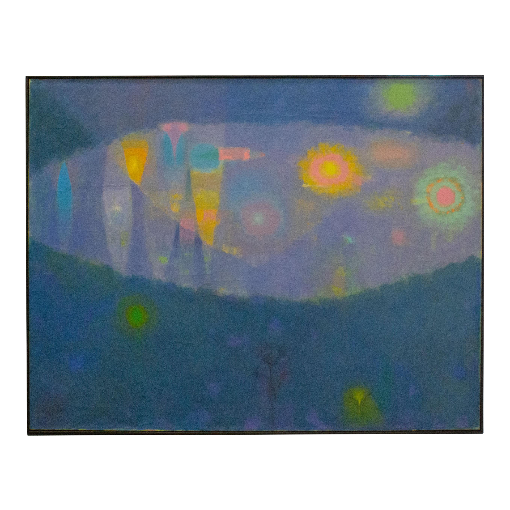 Signed “Moon Flower” Abstract Oil on Canvas Painting by Martin Friedman