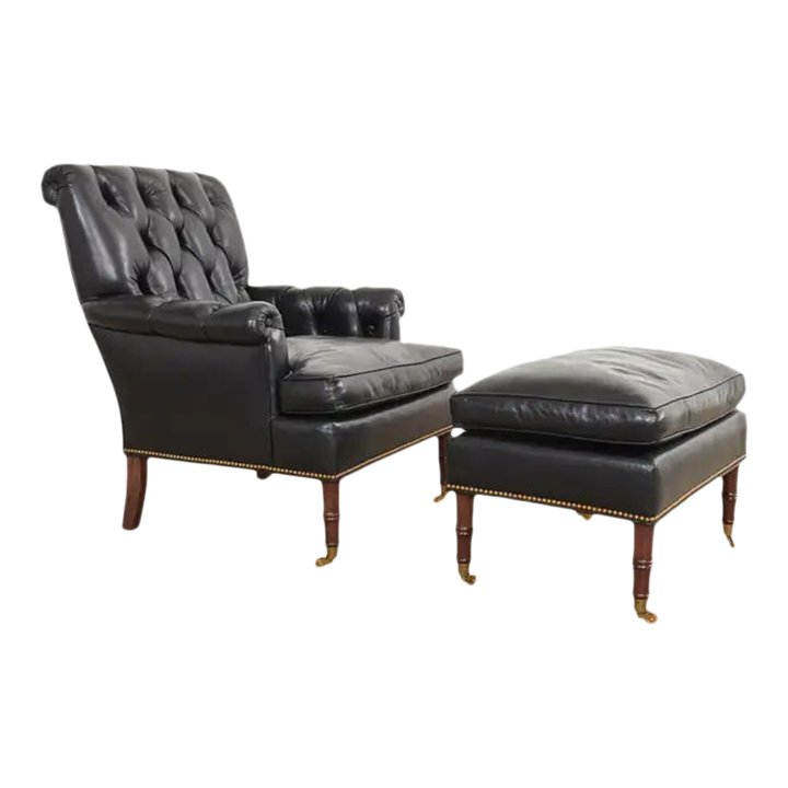 English Regency Style Tufted Leather Library Armchair With Ottoman