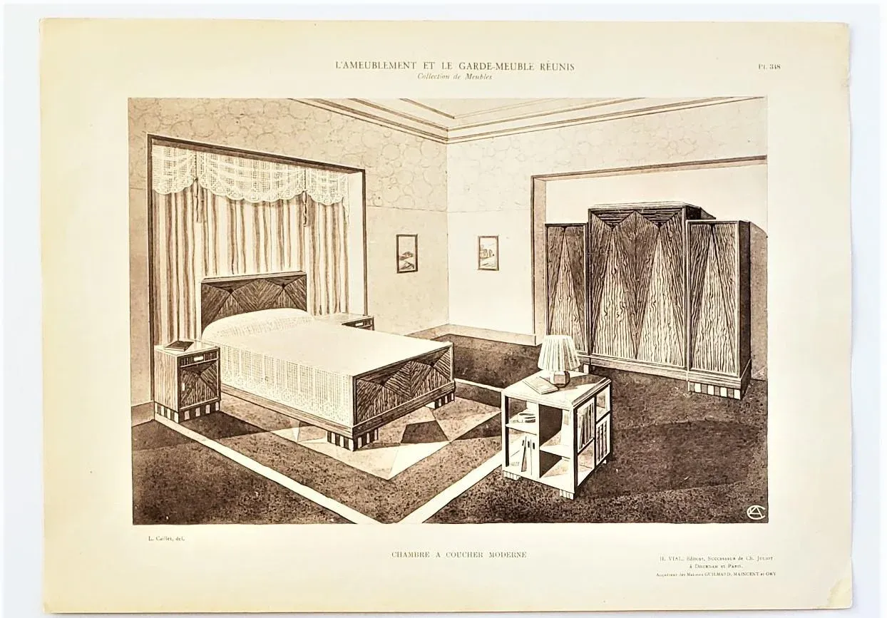 C1920 Pair French Art Deco Lithographs-Bedroom | Chairish