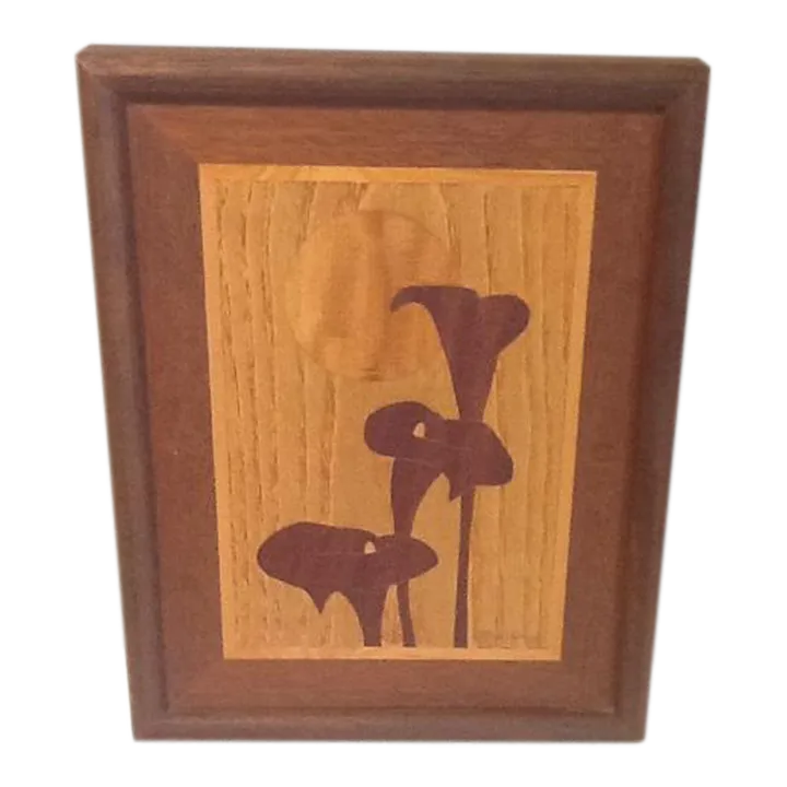 Mid 20th Century Inlaid Wood Framed Craft With Lily Floral Design