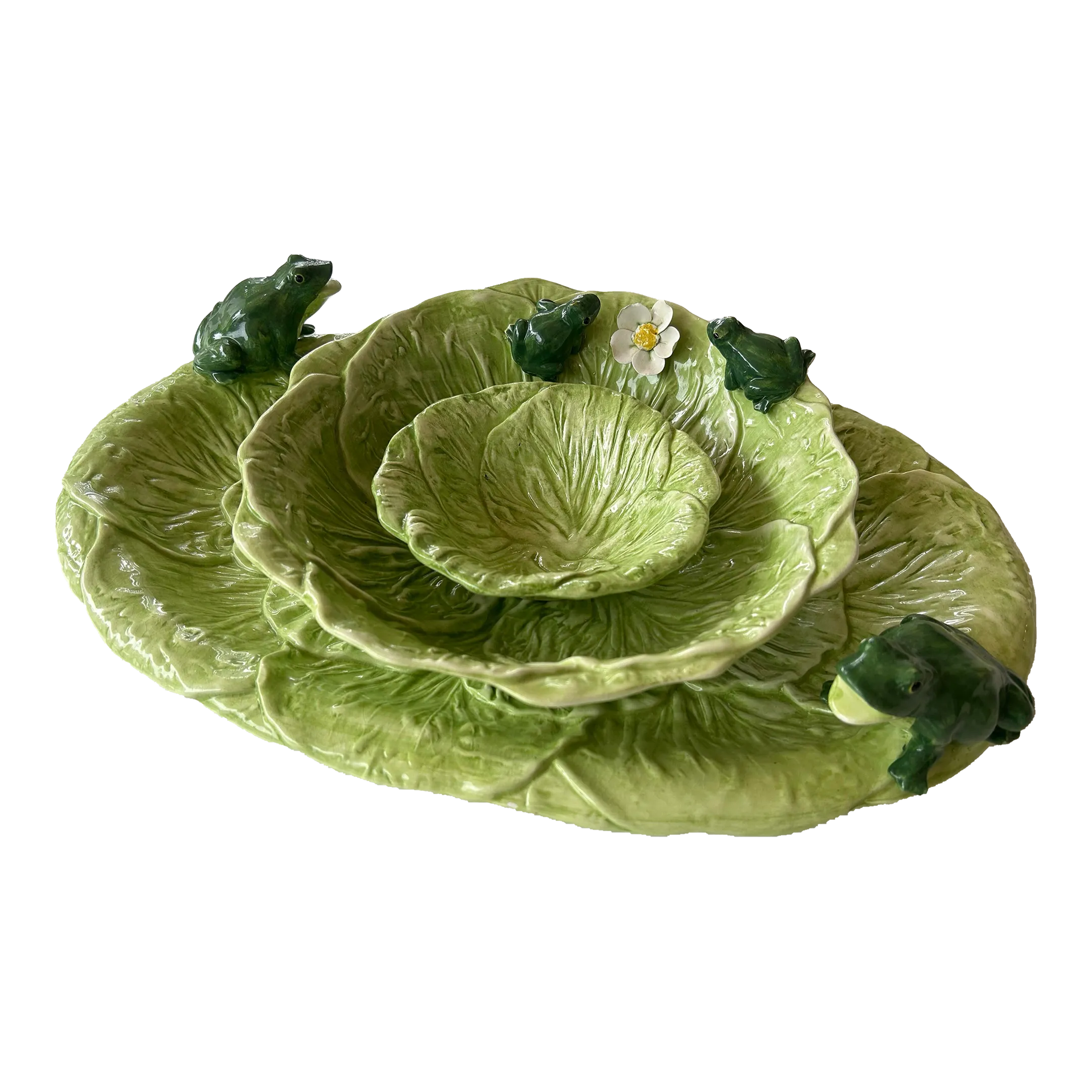 Vintage Valli Cabbage Leaf Serving Plate & Bowls With Frogs