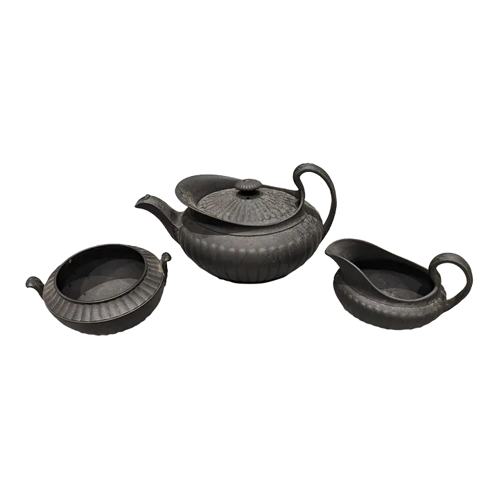 Late 19th Century Wedgwood Black Basalt Tea Set With Tea Pot, Creamer