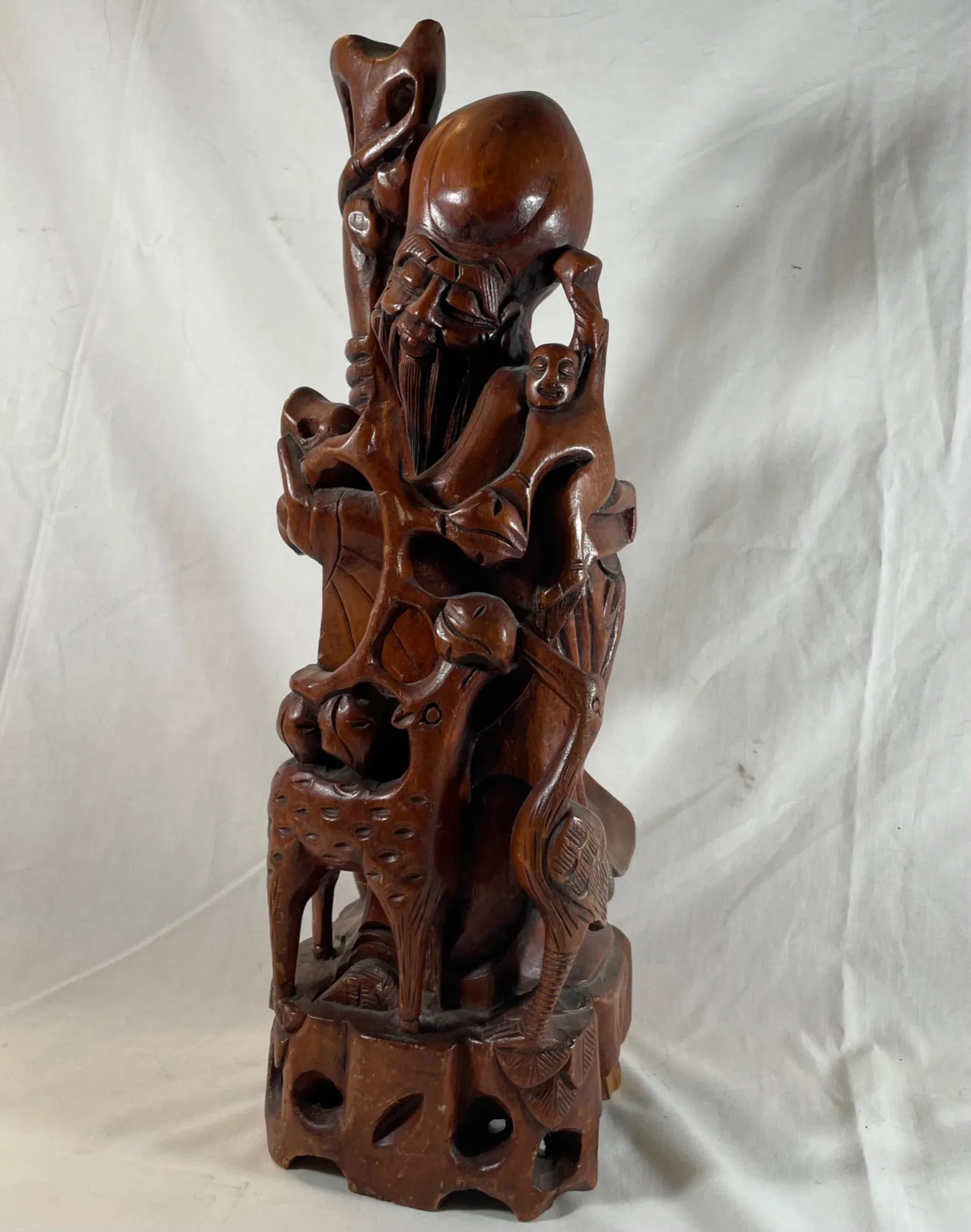 Antique Chinese Carved Shou Xing Immortal Rosewood Sculpture