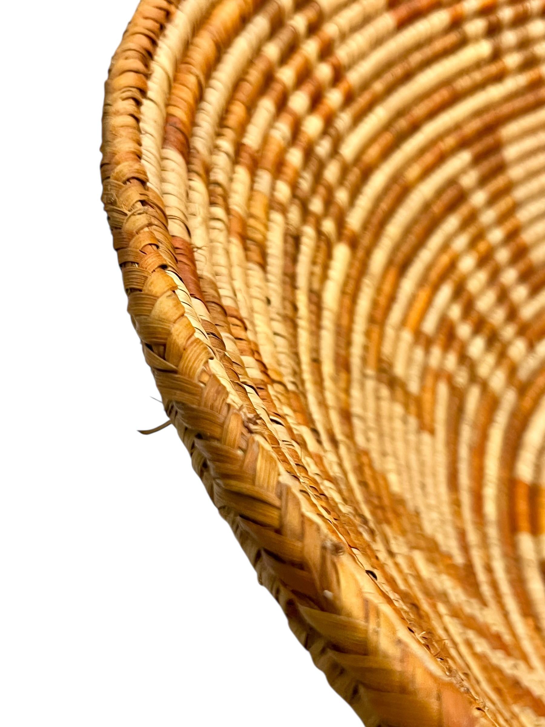 Vintage Large Size Southwest Style Coiled Reed Basket With Geometric Pattern 26” Diameter