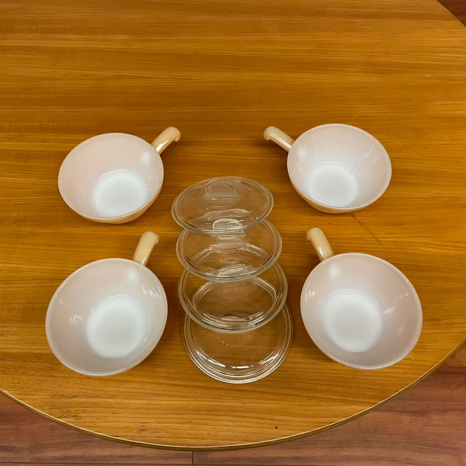 Set of 4 Vintage Fire-King Peach Luster Oven-Safe Bowls With Lids