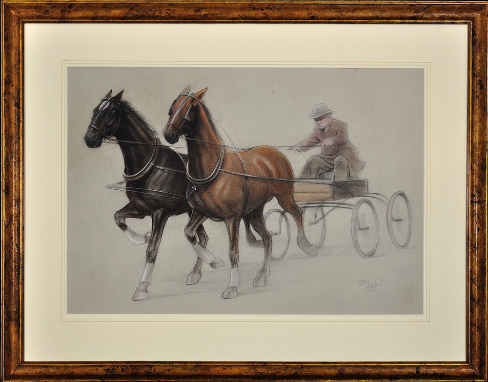 Cecil Aldin, Trotting Horses Harnessed to a Lightweight Four Wheel Cart Trap, Chalk Drawing, Framed