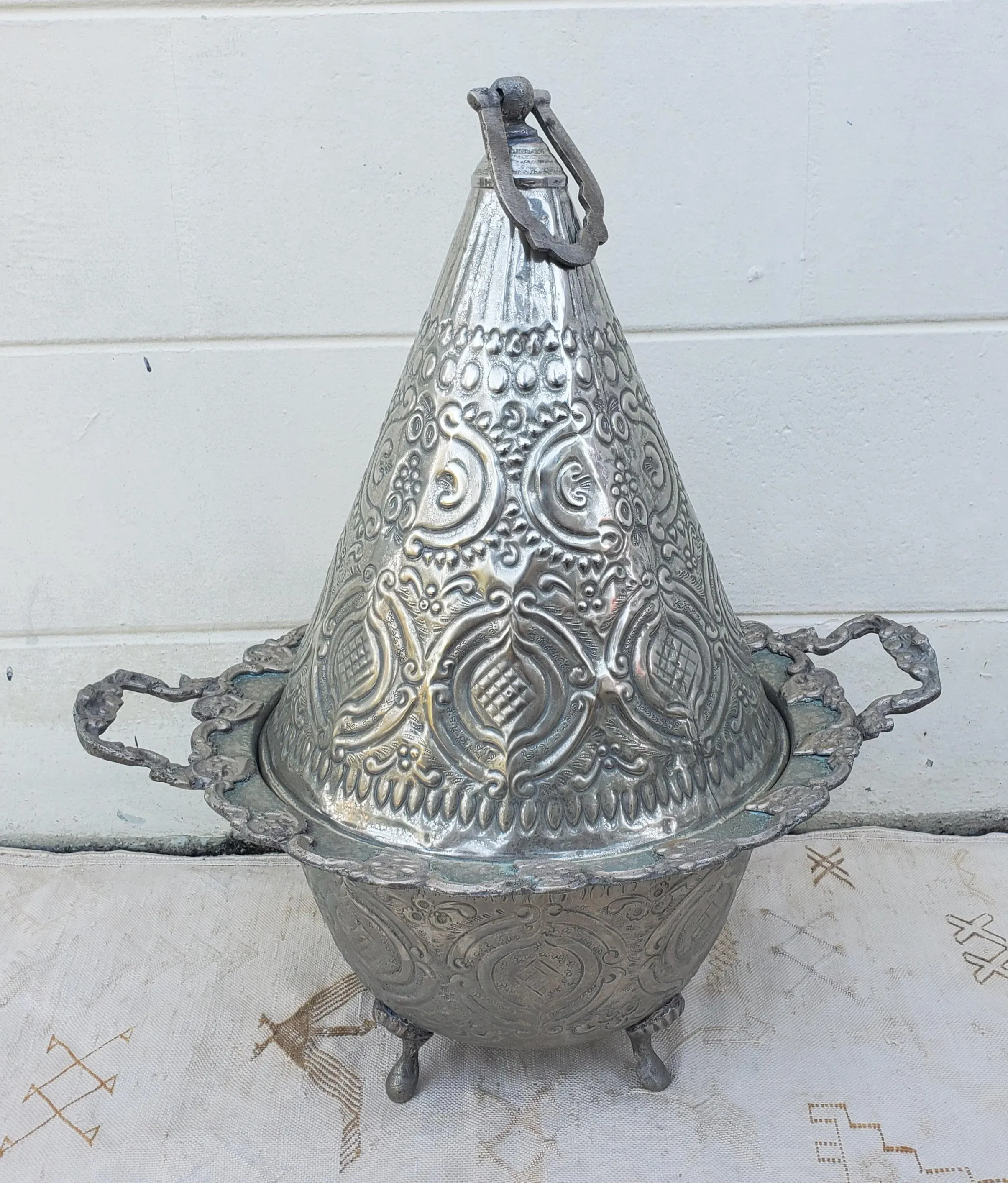 Large Vintage Moroccan Silver Repousse Plated Serving Deep