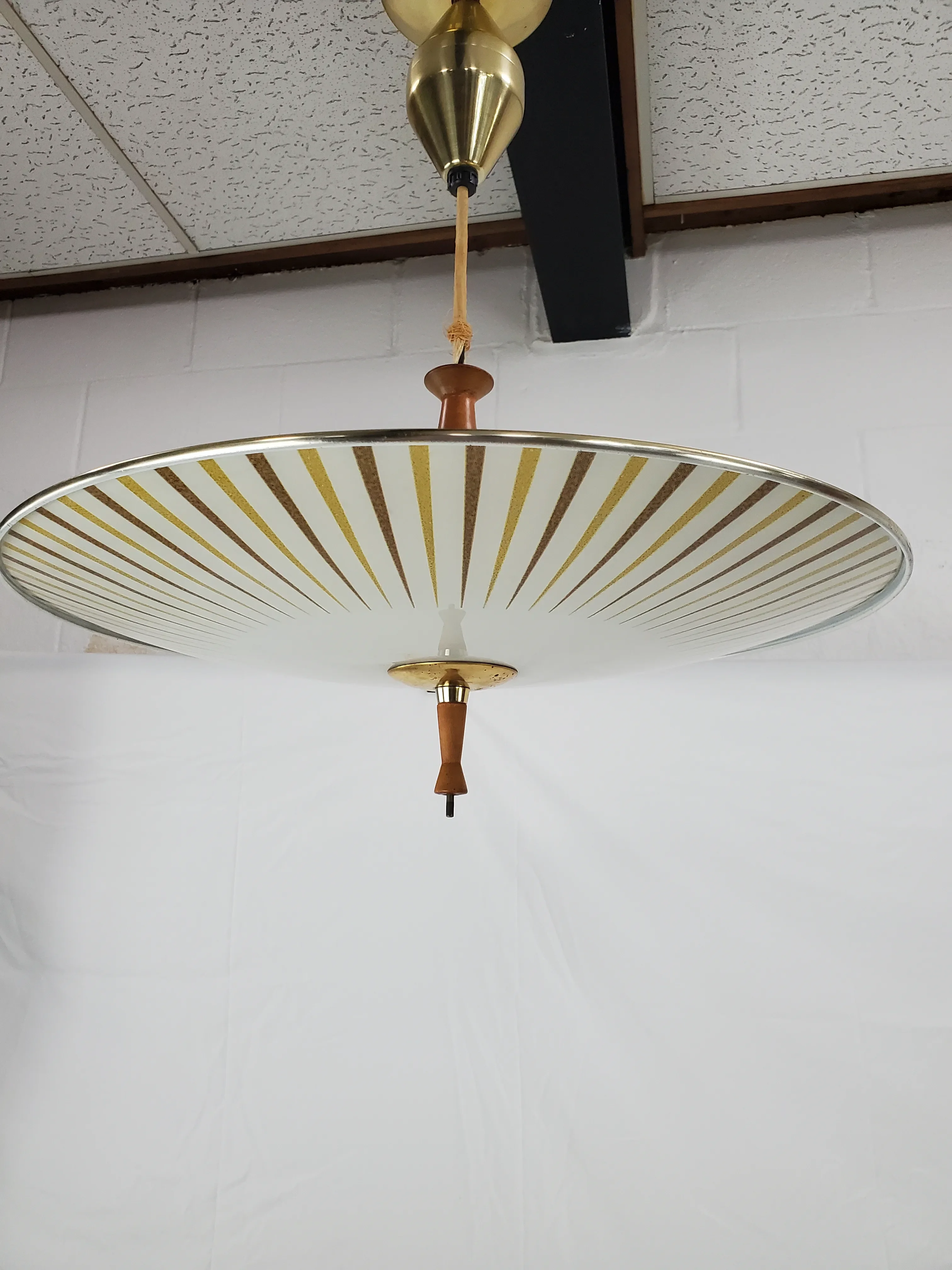 Large Mid-Century Brass Frosted Glass Pull Retractable Saucer