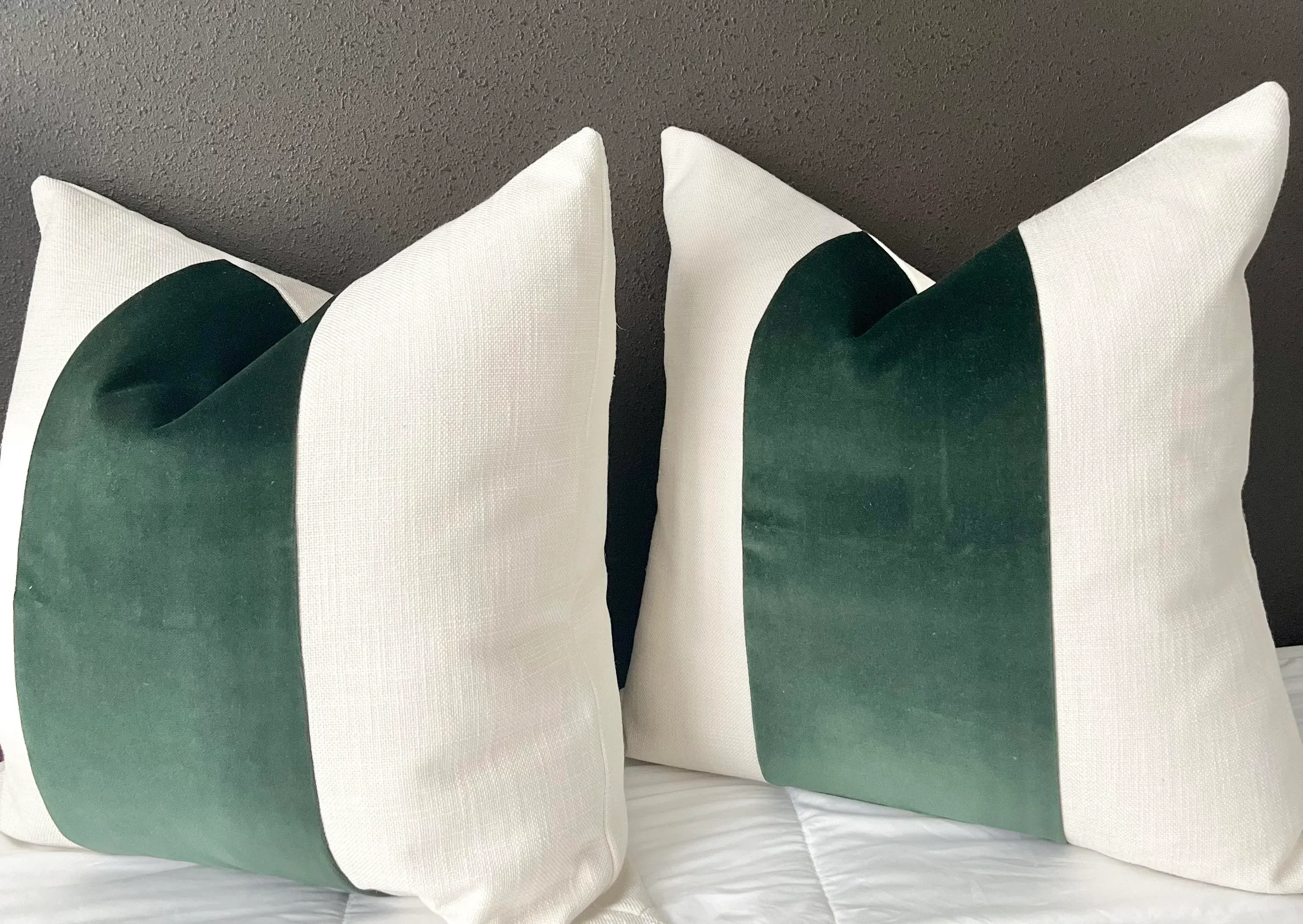 Custom Oatmeal Linen Emerald Green Velvet Stripe Pillows- a Pair