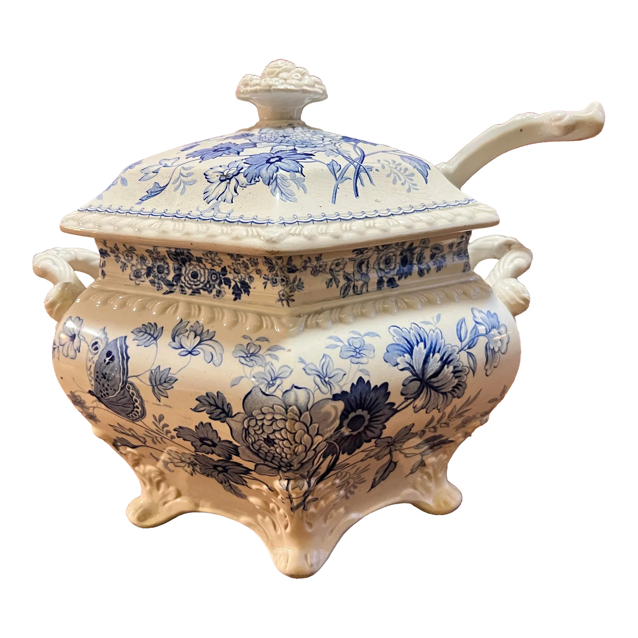 Antique English Staffordshire Blue Transfer Decorated Soup Tureen
