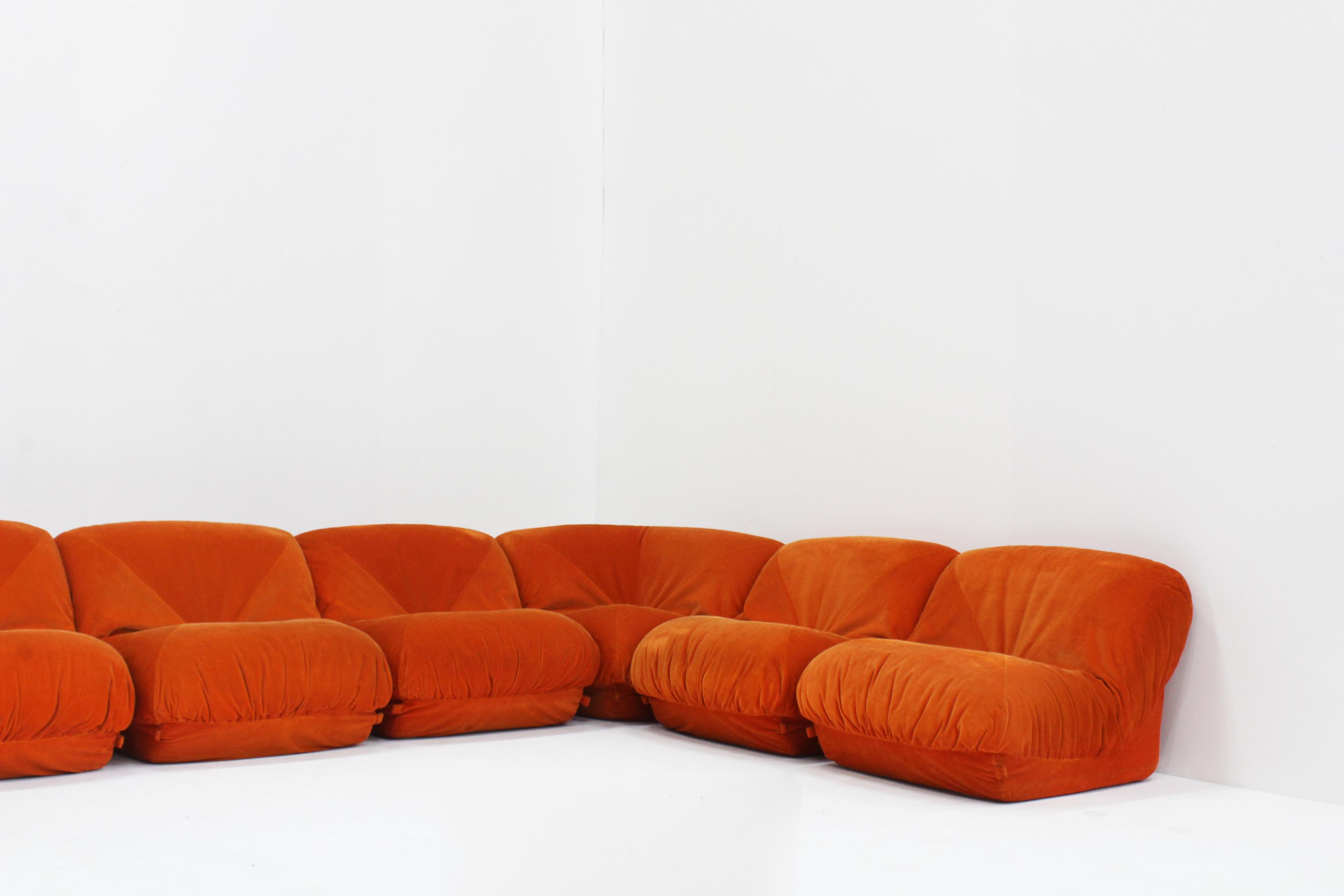 Patate Modular Sofa in Orange Corduroy from Airborne, 1970s, Set of 7