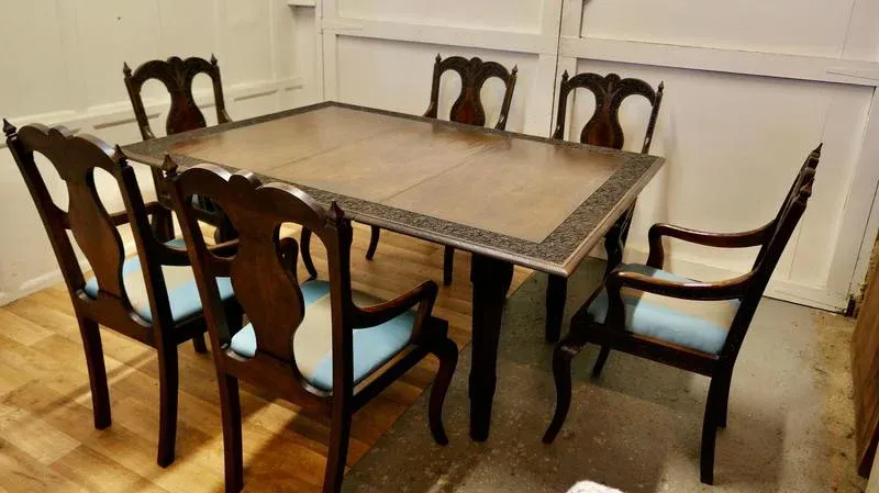 Carved Dining Table and Chairs, 1920s, Set of 7