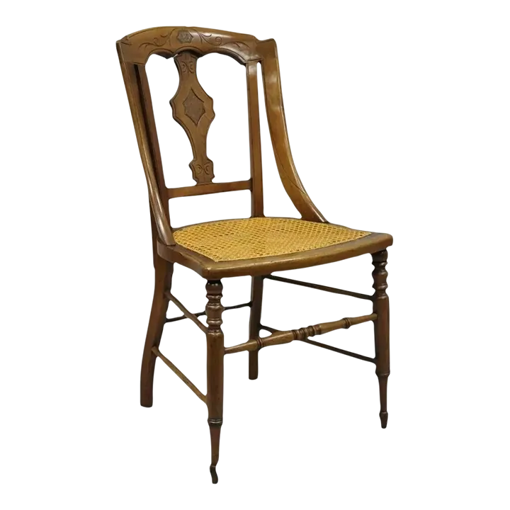 19th Century Antique Eastlake Victorian Carved Walnut Cane Dining Side Chair