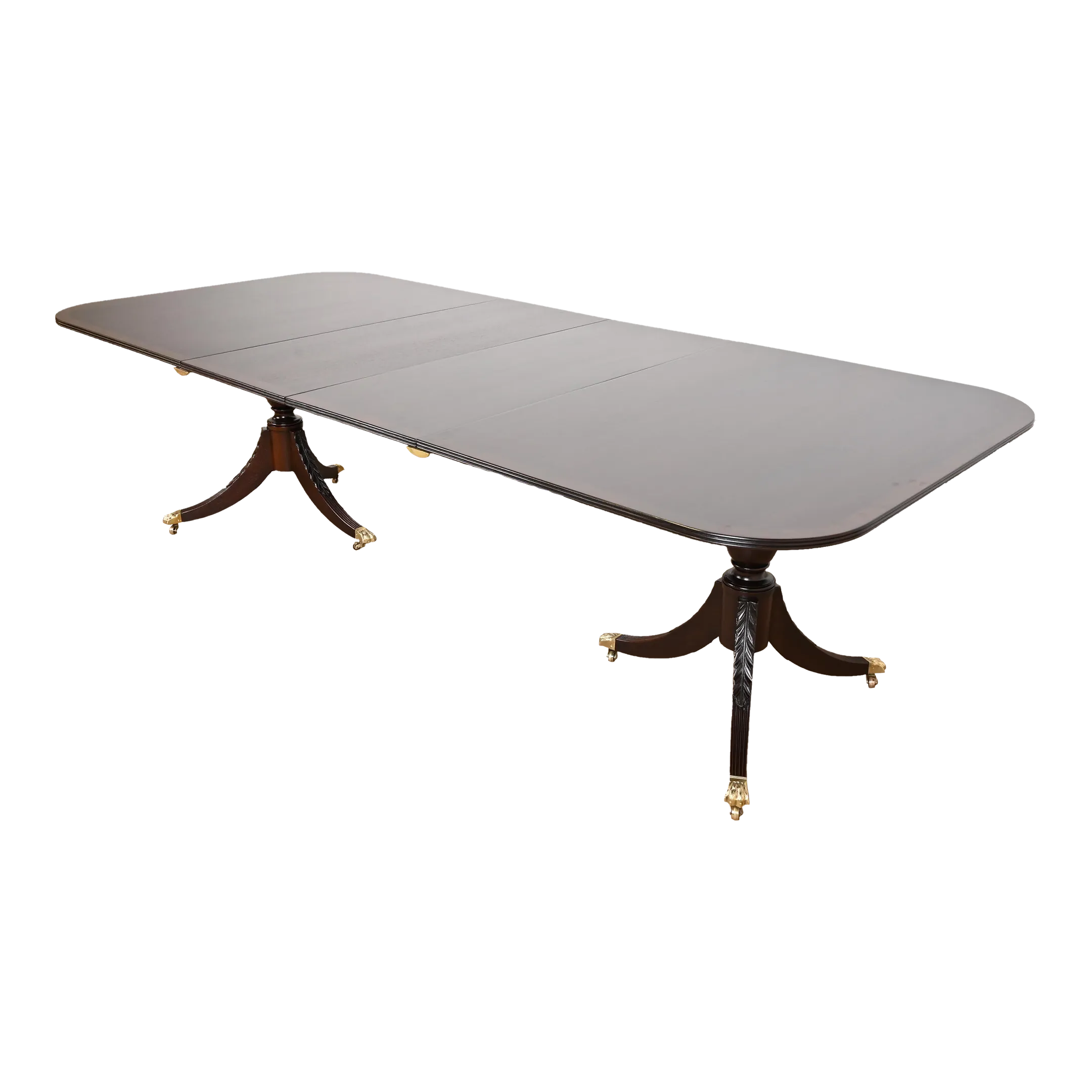 Baker Furniture Style Georgian Banded Mahogany Double Pedestal Extension Dining Table, Newly Refinished