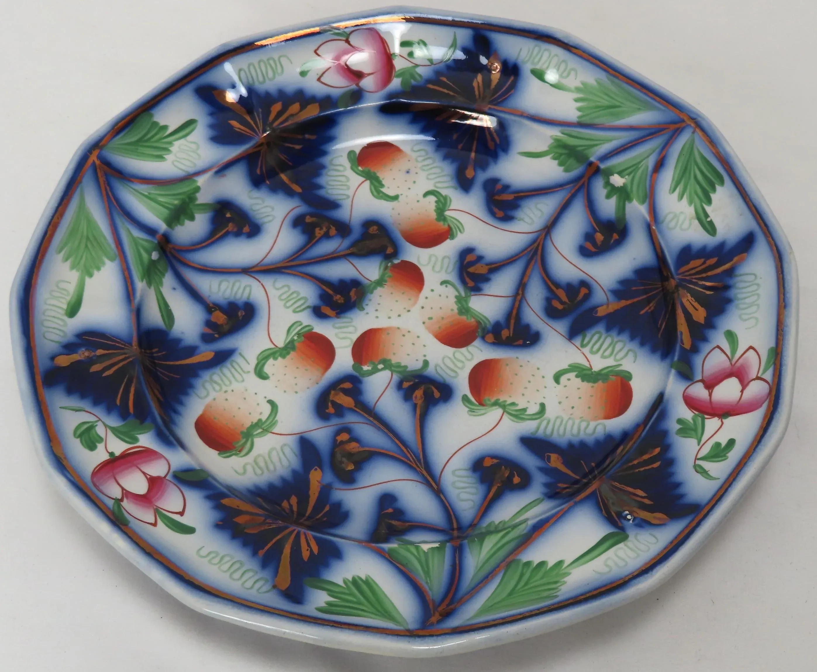 Antique 1850s Gaudy Ironstone Flow Blue Strawberry Decorated