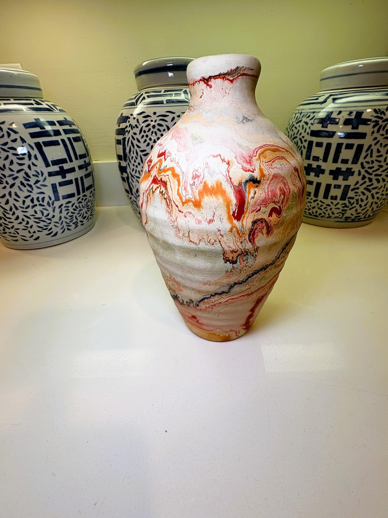 Boho Chic Nemadji Swirl Vase in Red Orange & Gray Studio Pottery