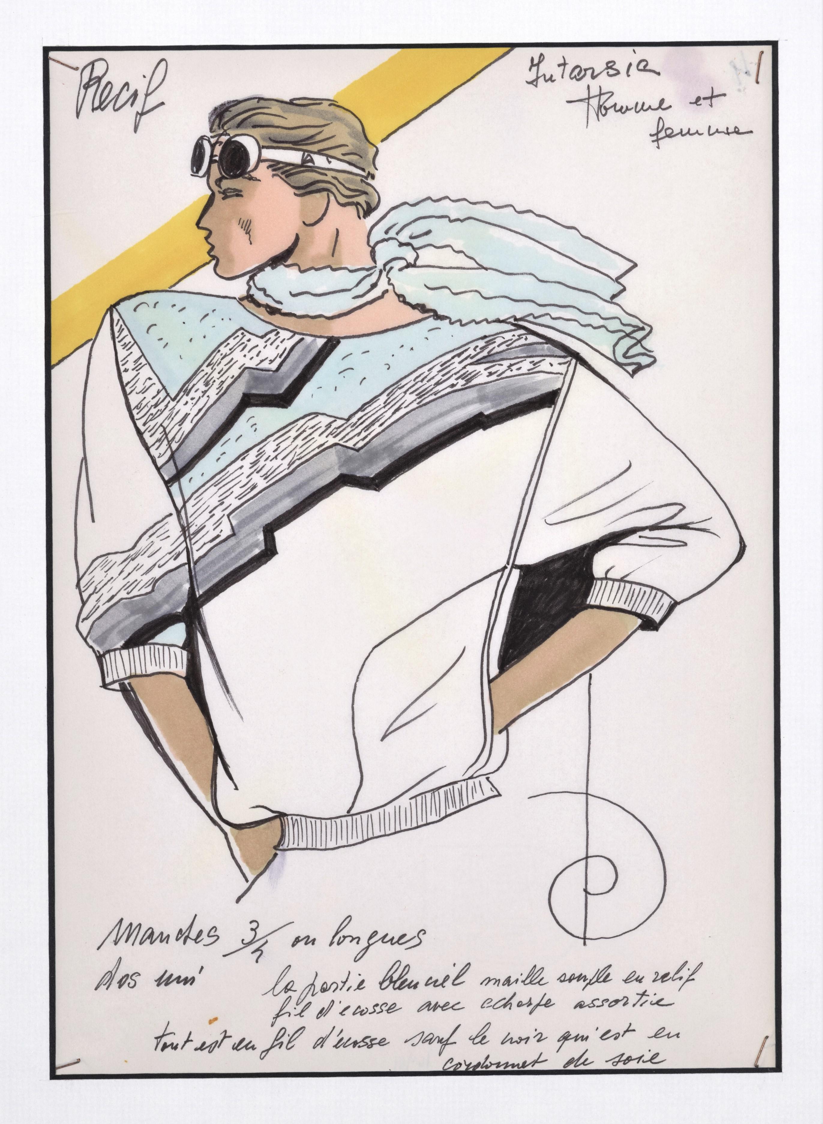 C1980s Men's French Sportswear Fashion Design Drawing-Summer