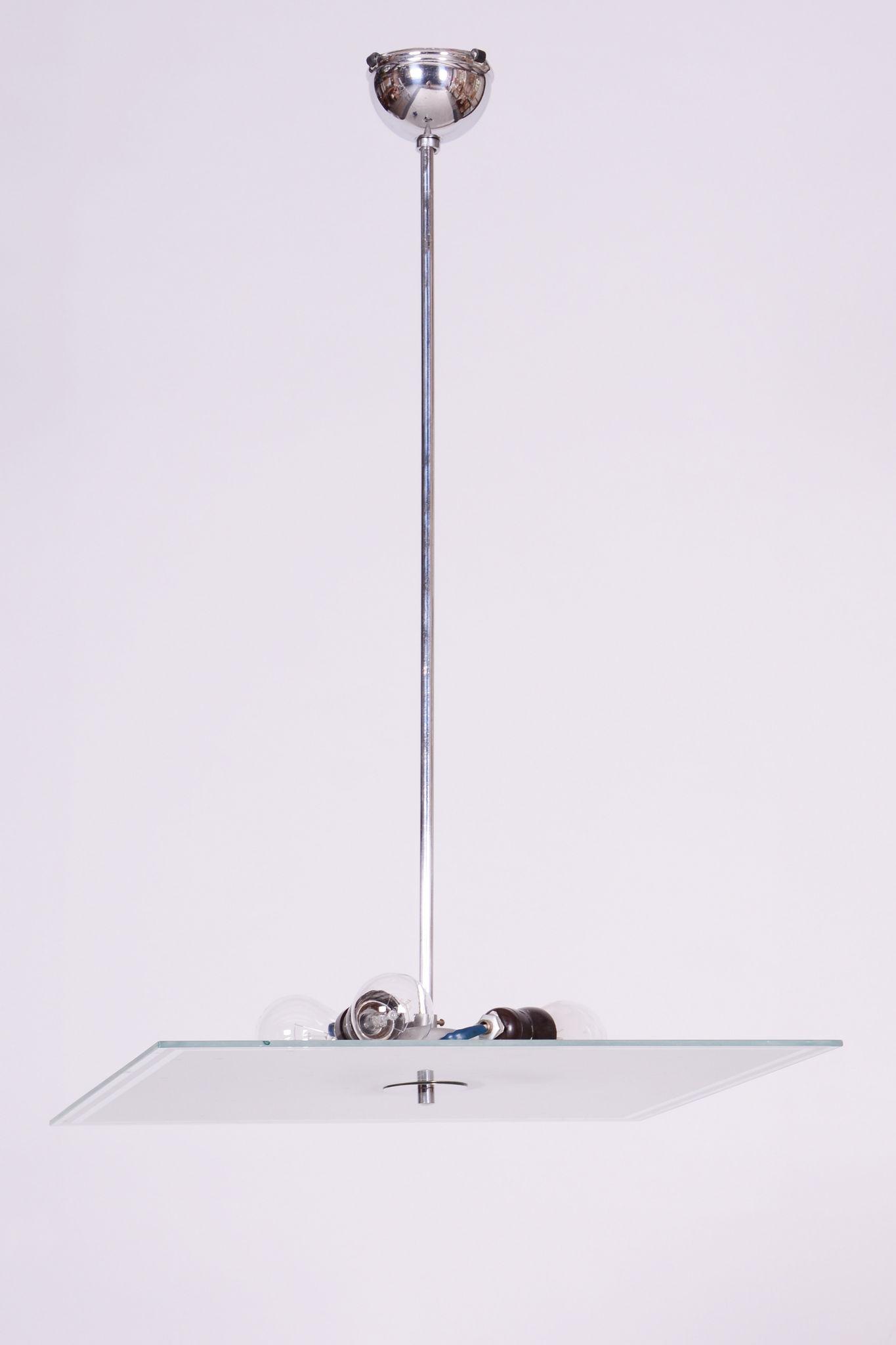 Czech Bauhaus Pendant in Chrome-Plated Steel and Frosted Glass, 1930s