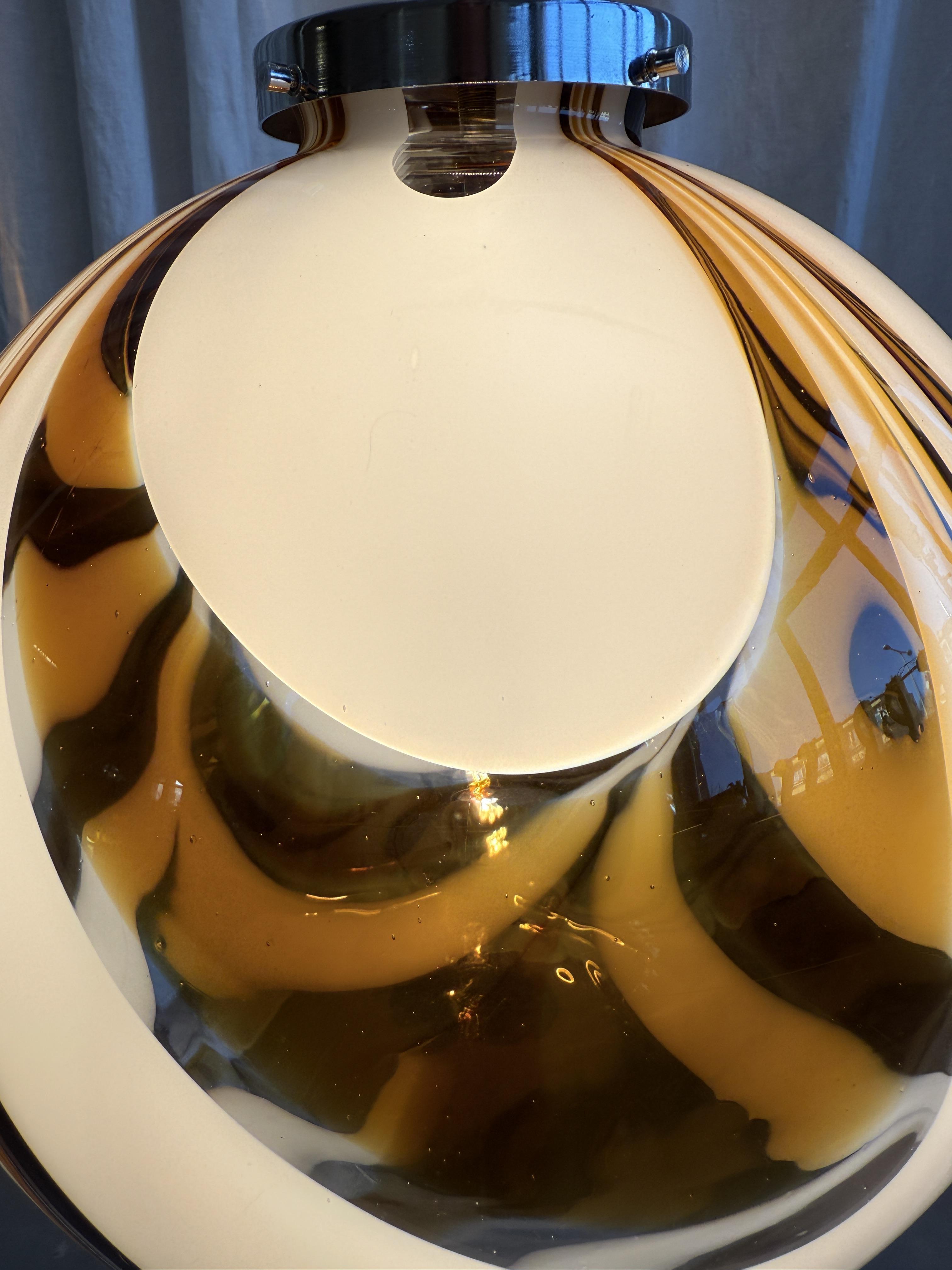 Mid-Century Italian Amber and White Swirl Murano Glass Pendant with Chrome Suspension attributed to Mazzega, 1970s