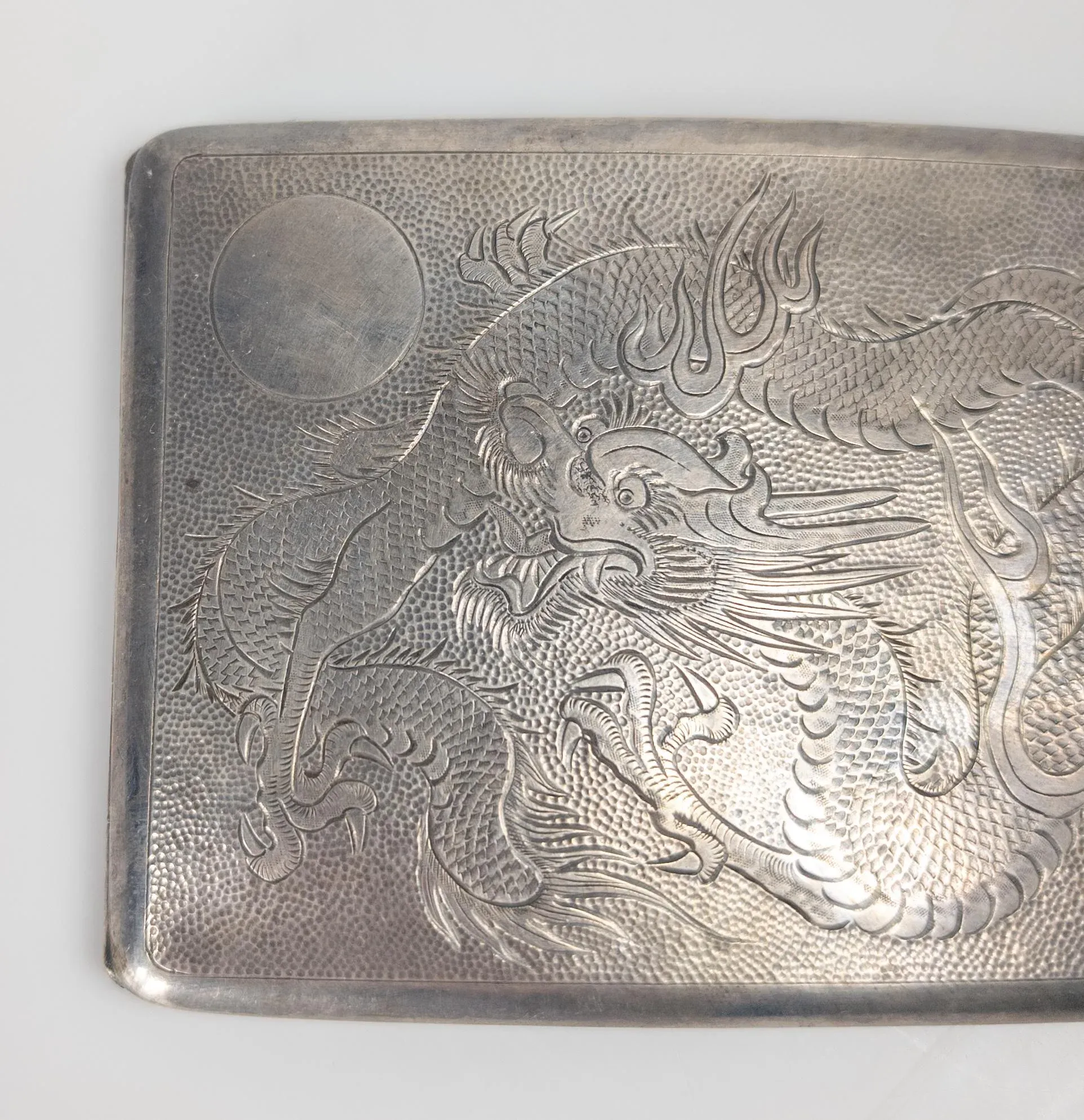 chinese silver cigarette case Superb Antique Export 900 Dragon Late 19th Century Carved Chinese Dragon Stainless Steel