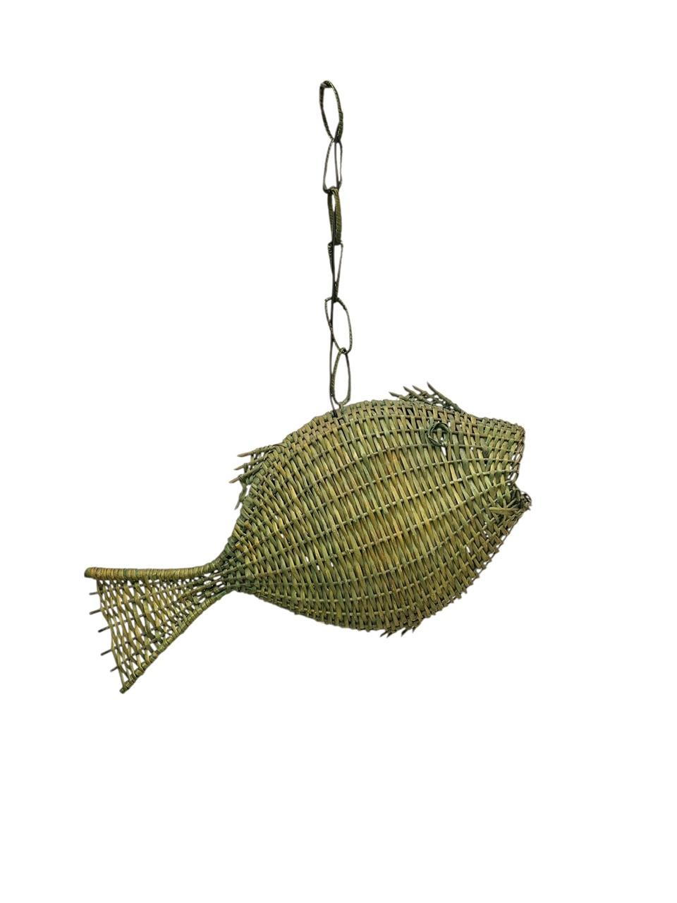 Mid-Century Modern Fish Wicker Rattan Pendant Lamp, 1960s
