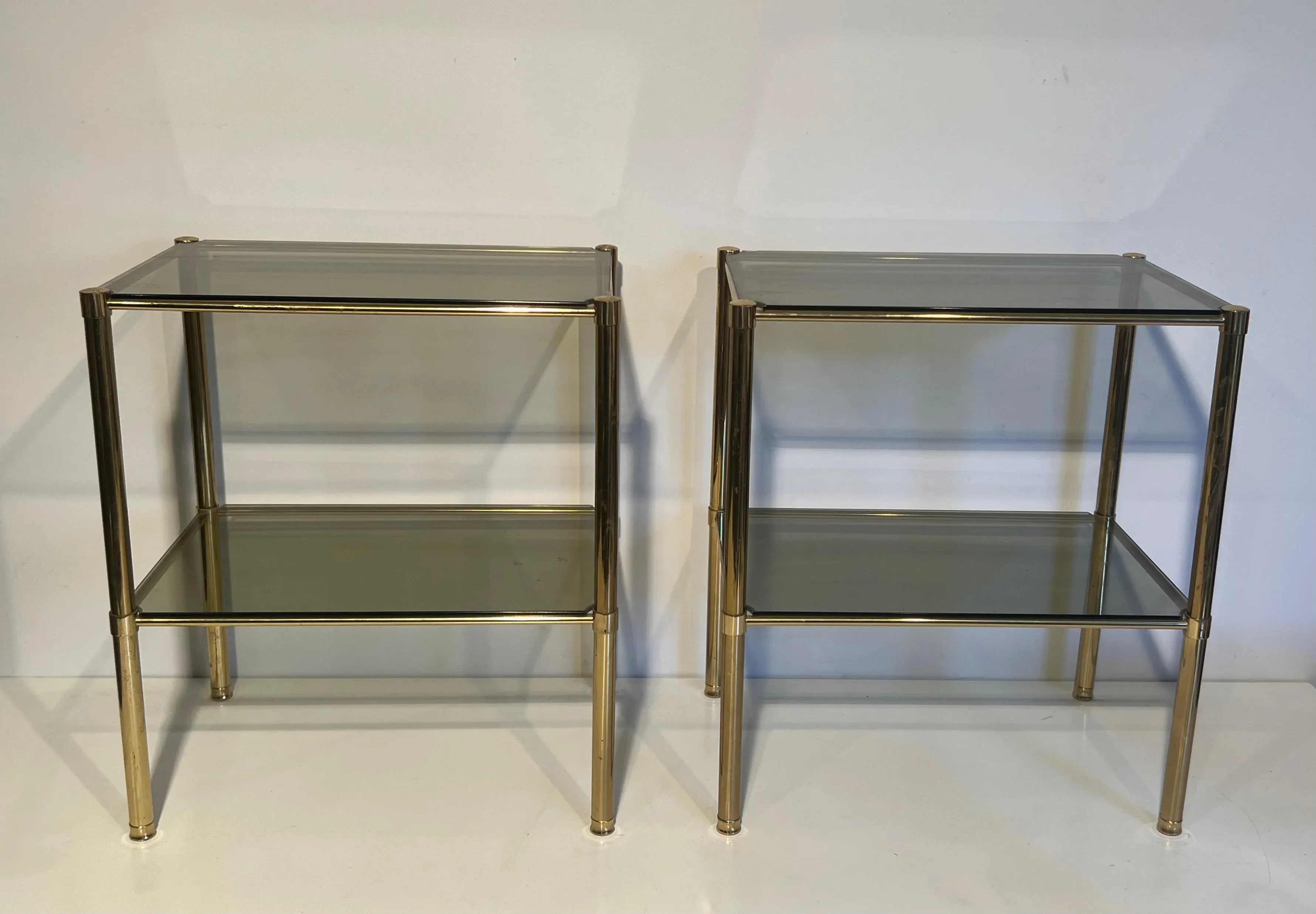Brass Side Tables With Smoked Glass Shelves. French Work. Circa