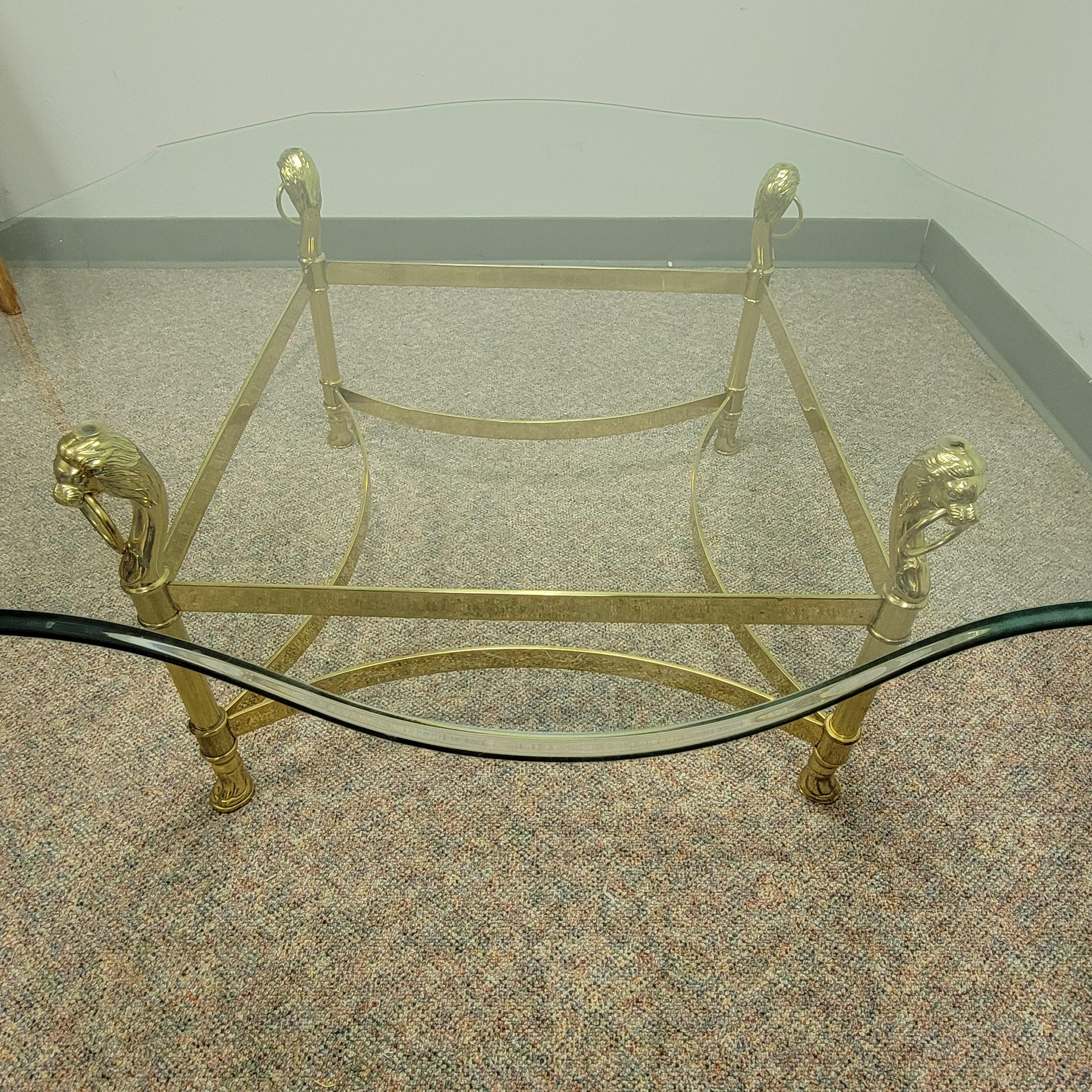 Labarge Lion's Head Brass and Beveled Glass Top Coffee Table