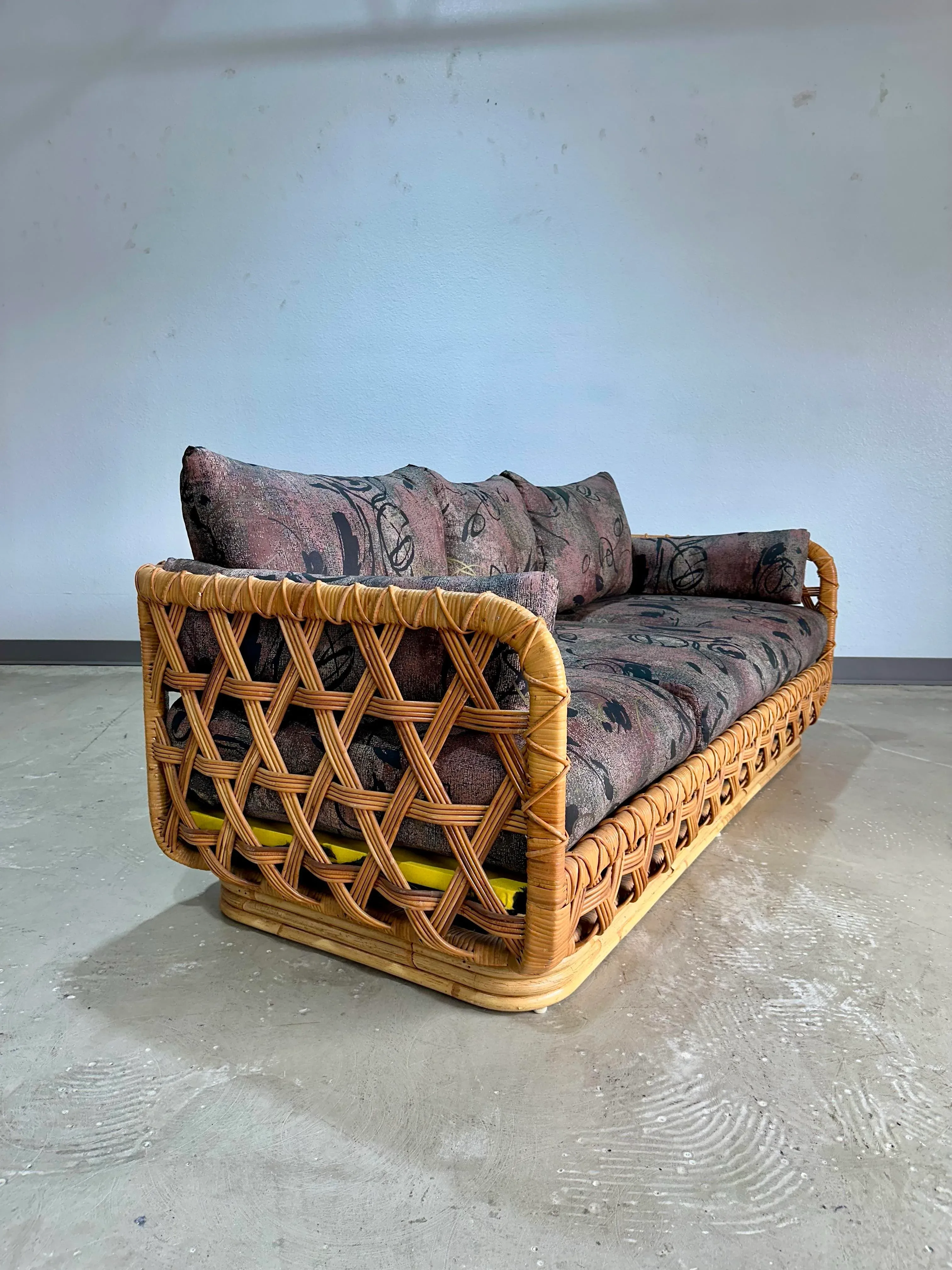 1970s Danny Ho Fong for Tropi-Cal Basket Weave Rattan Sofa