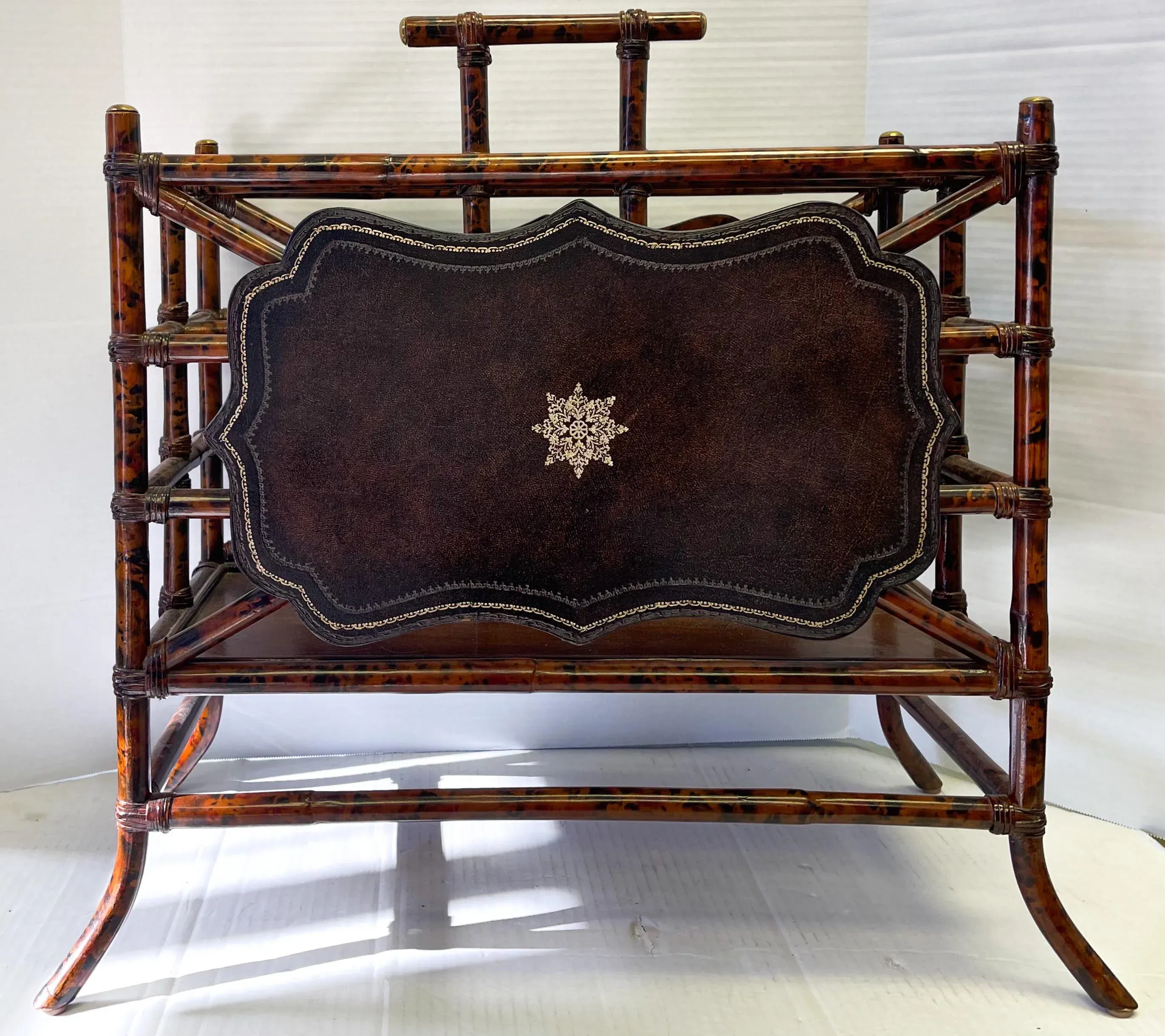 Maitland-Smith Faux Tortoise & Tooled Leather Bamboo Canterbury