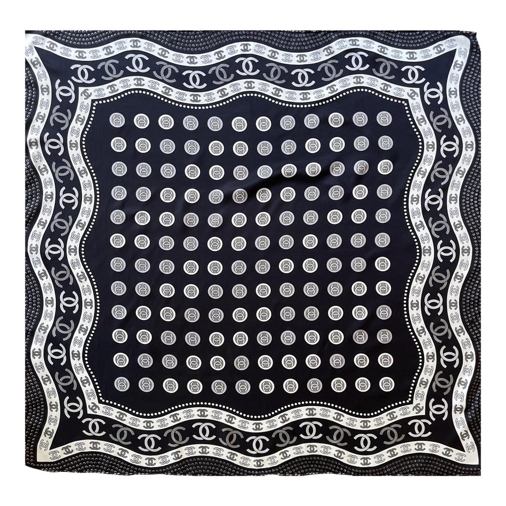 Chanel Black And White Silk Scarf Cc Logo | Chairish