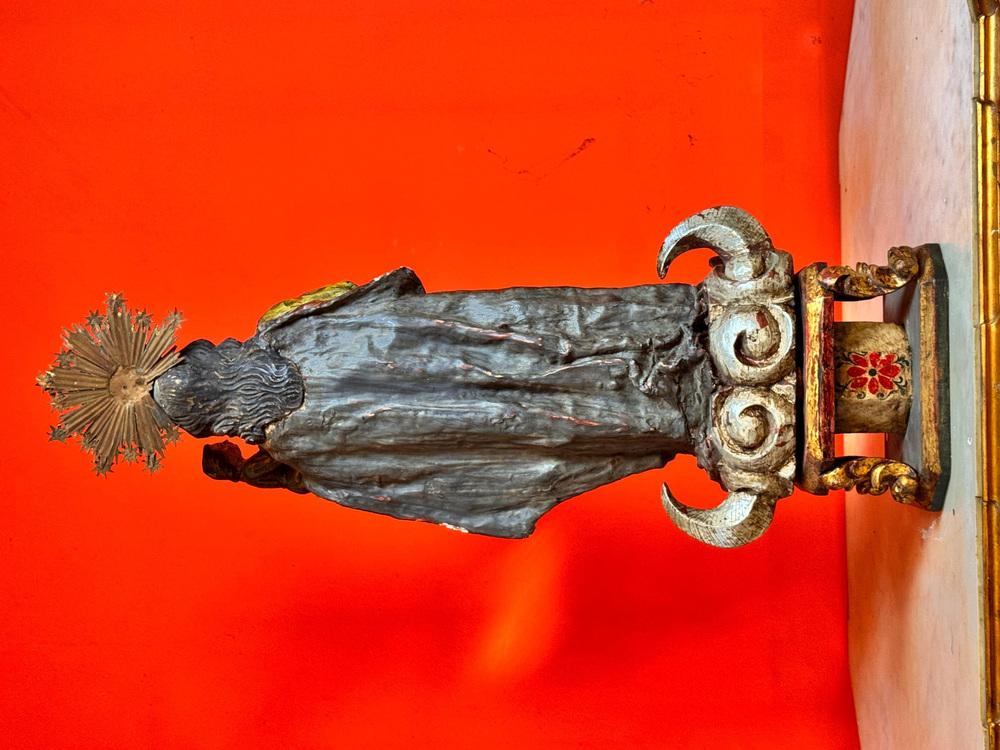 Virgin of Miraflores in Polychrome Maguey Wood with Child and Copper Crown, 1700s