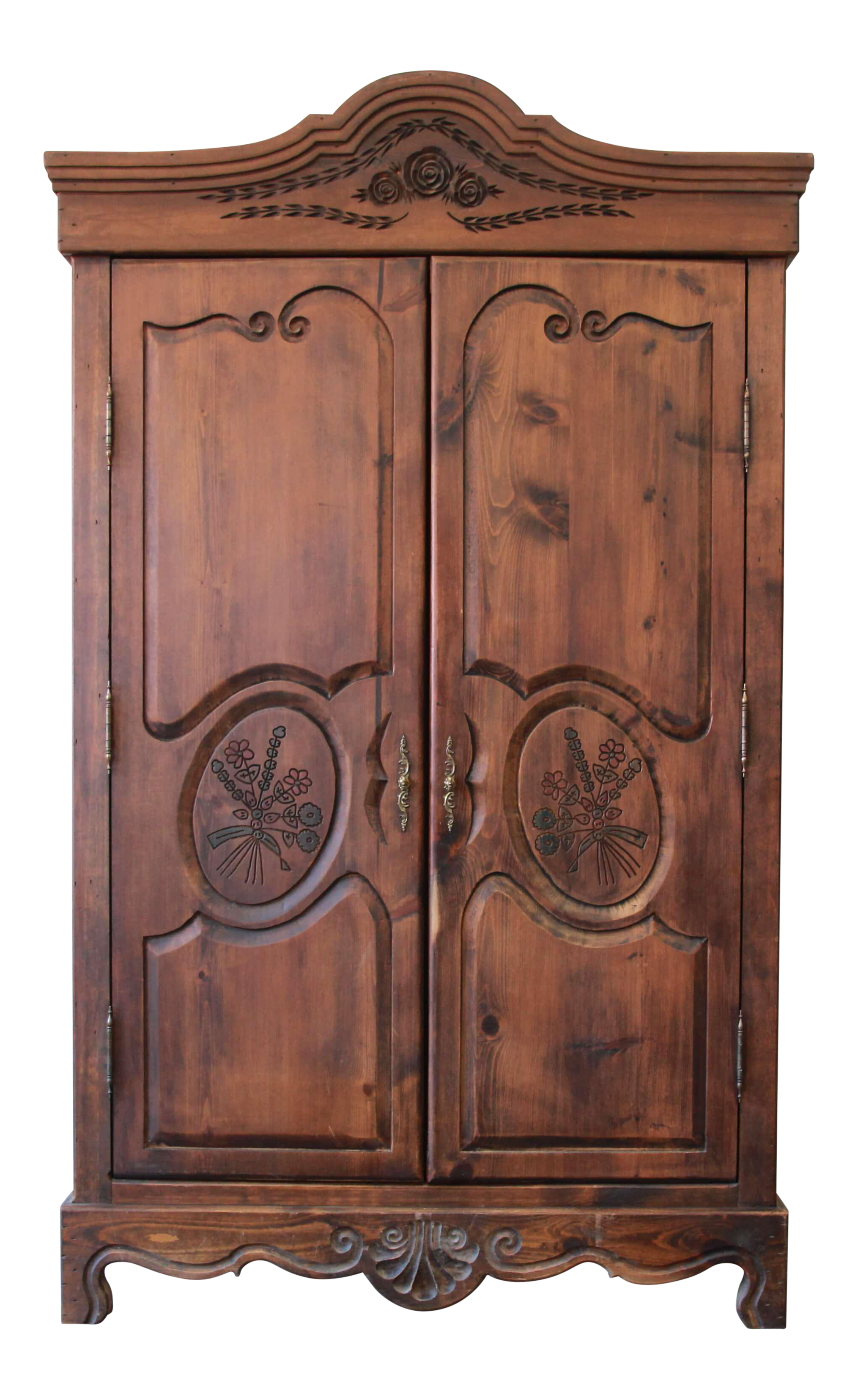 Vintage French Country Spoon Carved Dark Pine Wardrobe By