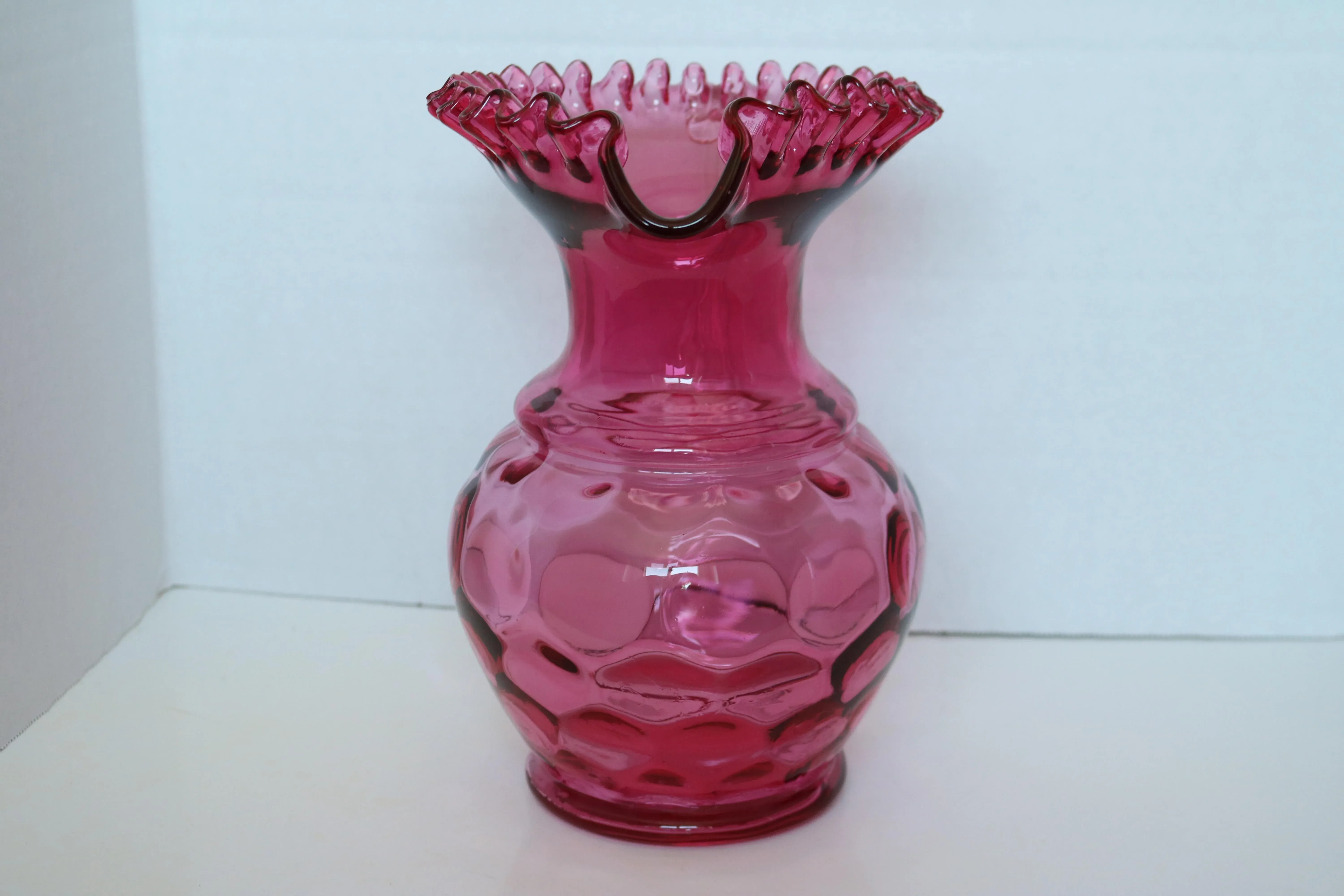1970s Fenton Cranberry Glass Ruffled Edge Coin Dot Large Pitcher