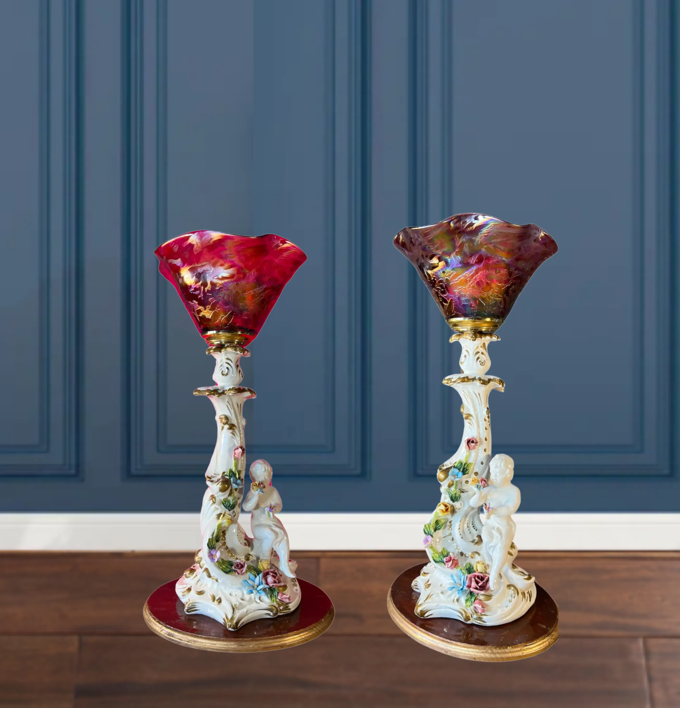 Capodimonte Porcelain Cherub Art Glass Shade Torchiere Lamp