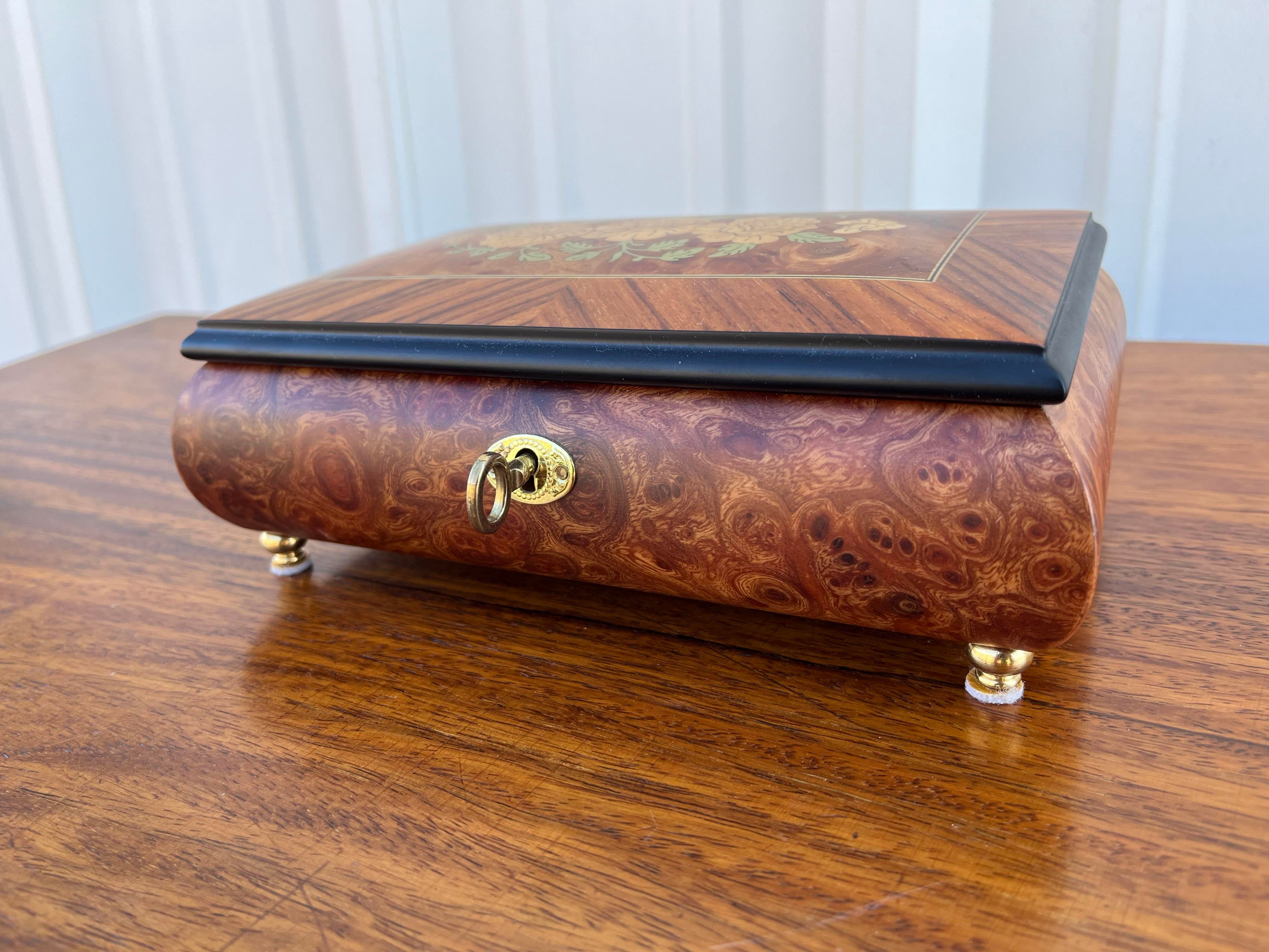 Floral Inlaid Walnut and Burl Wood Music Jewelry Box- Made in