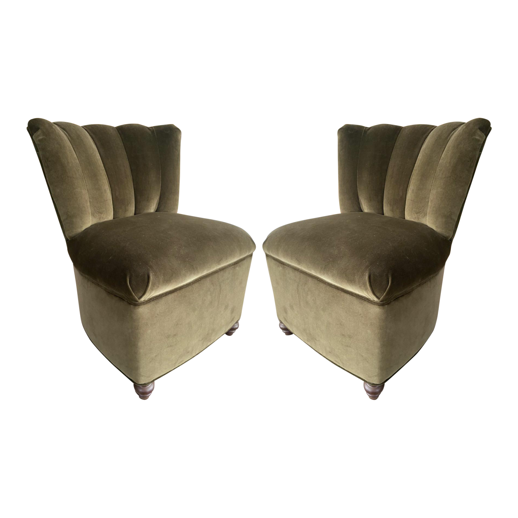 Newly Upholstered Olive Green Velvet Channel Tufted Slipper Chairs, a