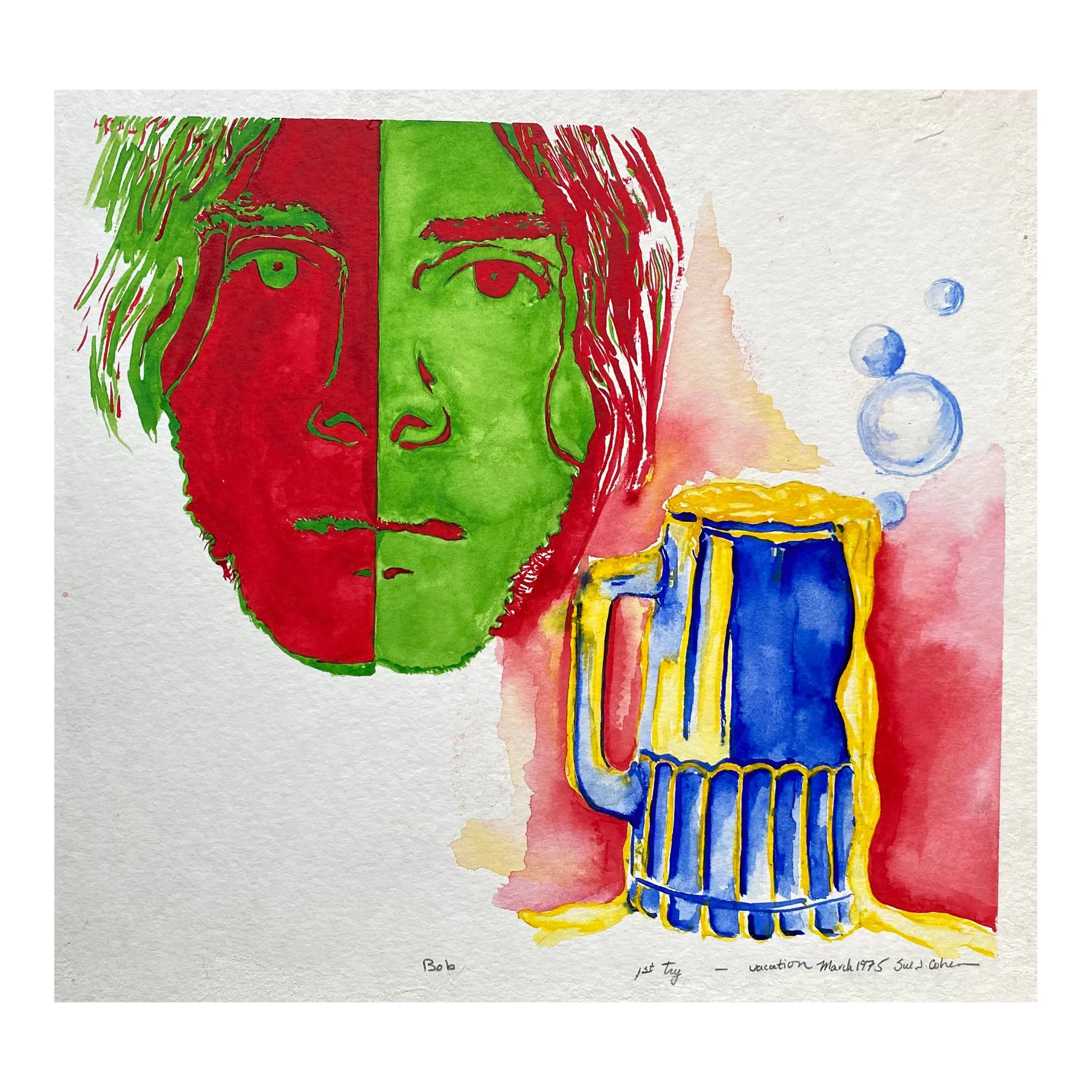 1975 Sue Cohen Modern Portrait of Bob and Beer Watercolor