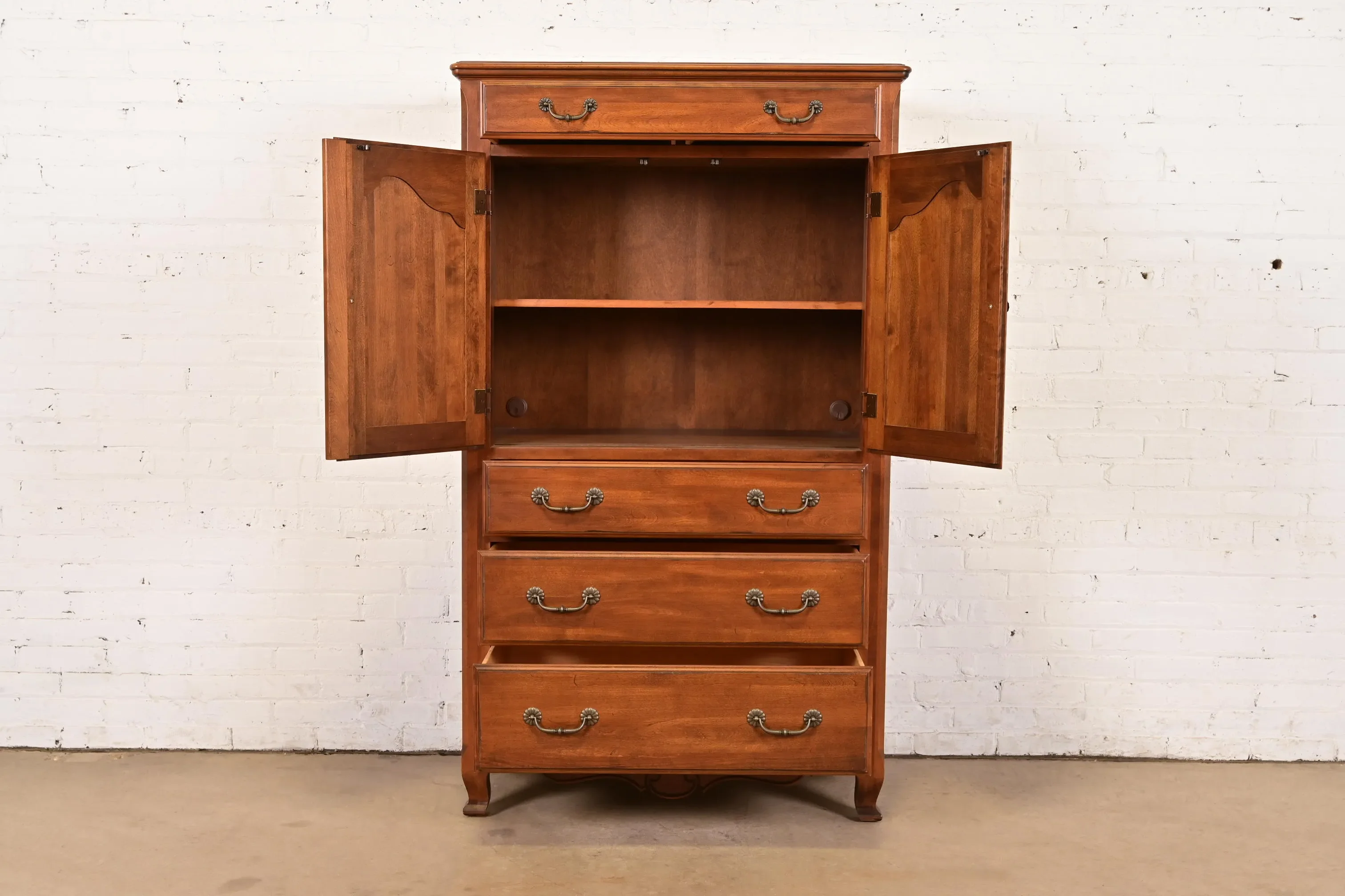 Ethan Allen Country French Carved Solid Maple Highboy Dresser or Chest of Drawers