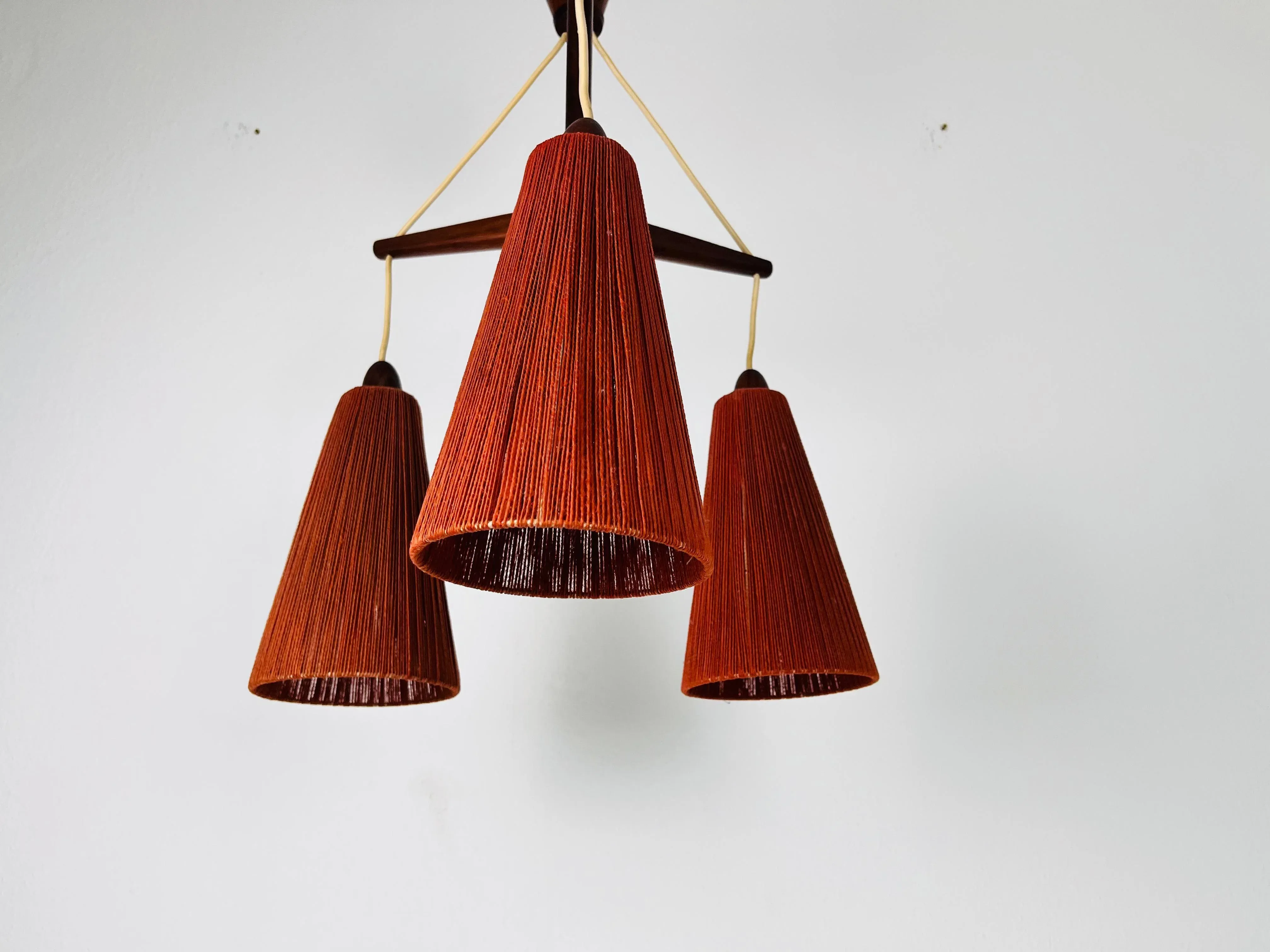 Midcentury Teak and Cord Shade Hanging Lamp by Temde, circa 1960