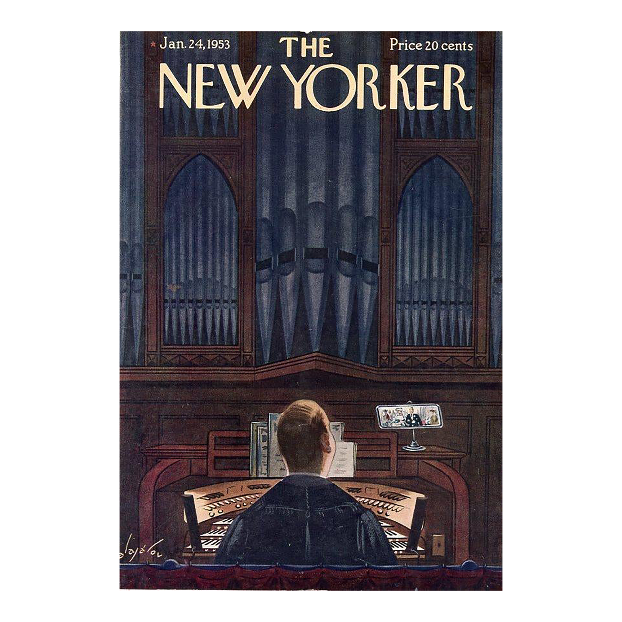 1953 Vintage New Yorker Cover, January 24 (Constantin Alajalov), Original New Yorker Magazine Cover, Wedding, Church Organist