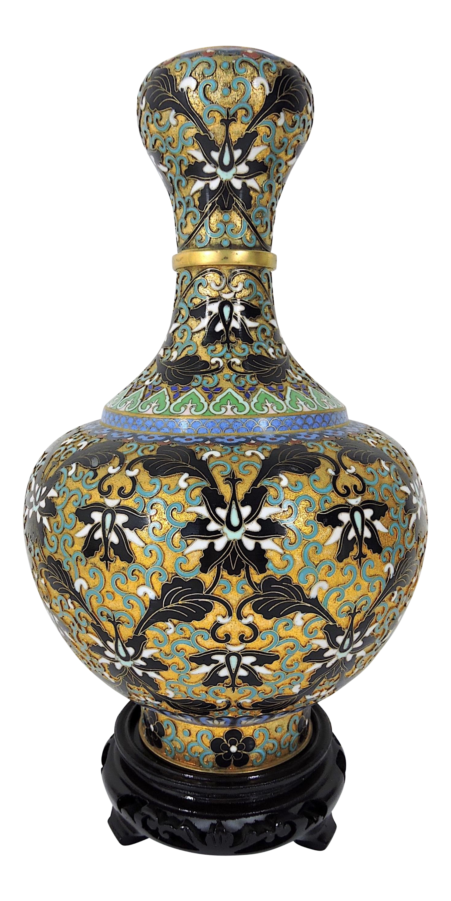 Vintage Chinese Cloisonne Enamel /& Brass Vase Table Lamp Wooden Stand 14 IN