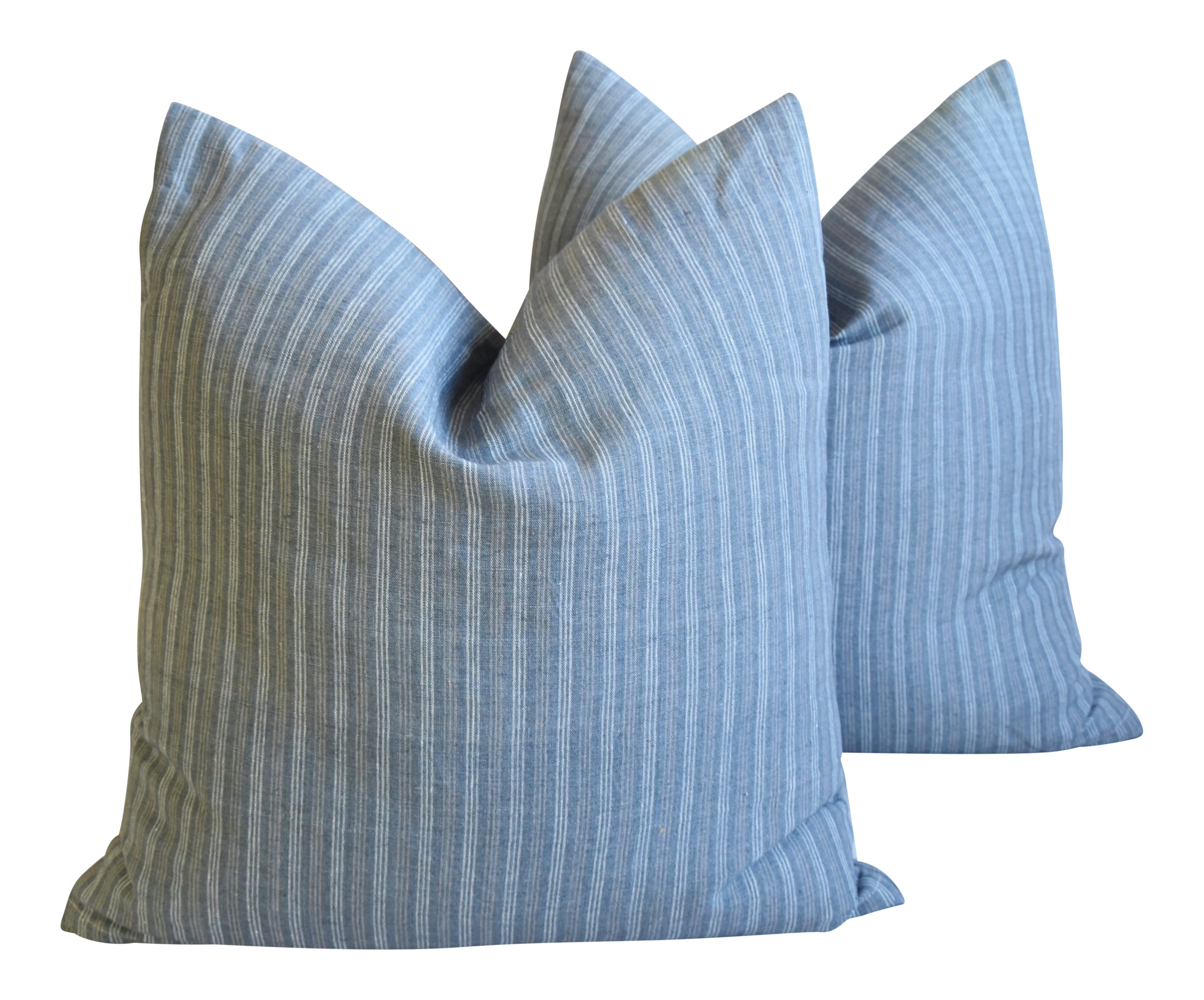 Gray Striped French Ticking Feather Down Pillows 24 Square Pair