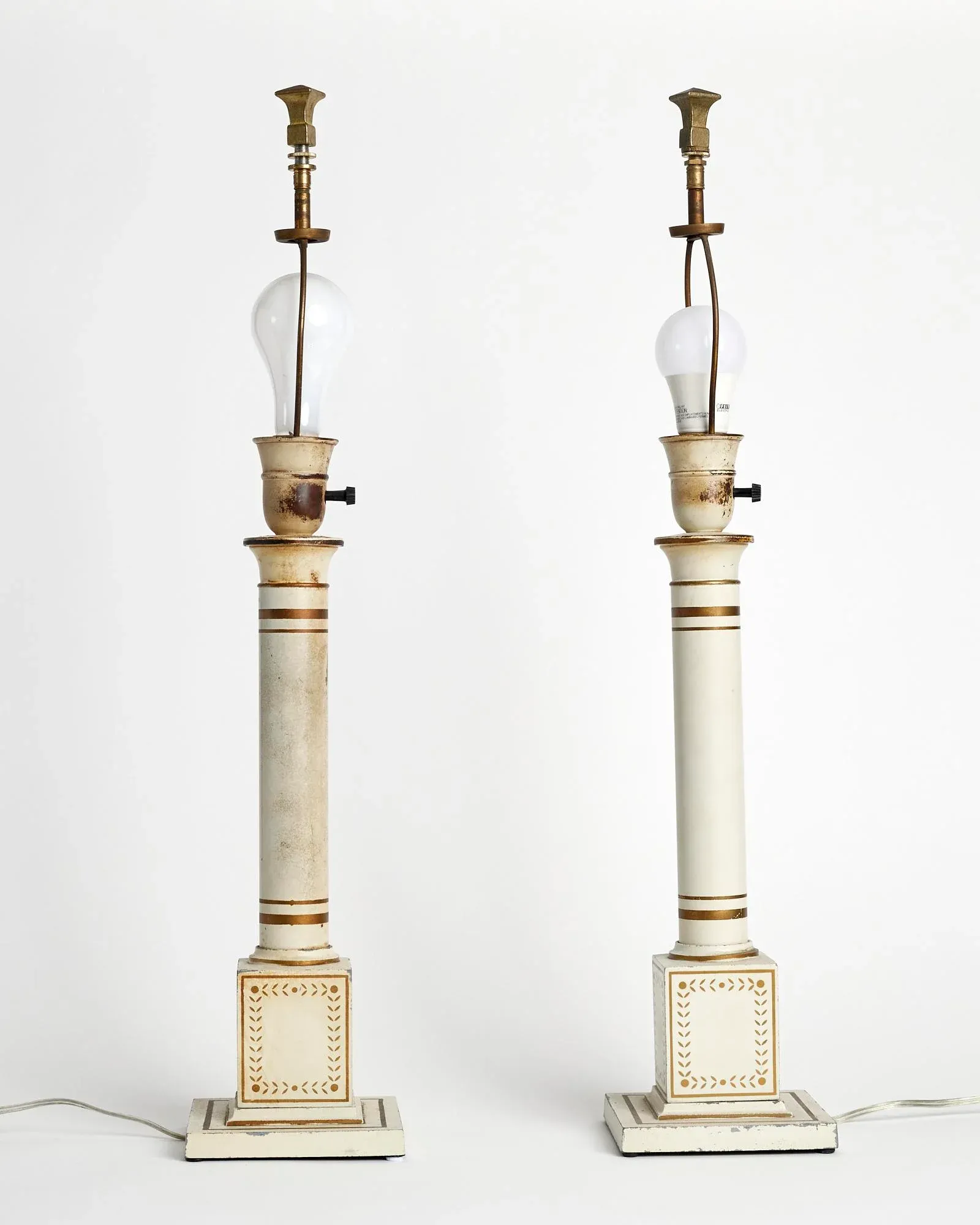 Antique 20th Century French Directoire Tole Wired Lamps White